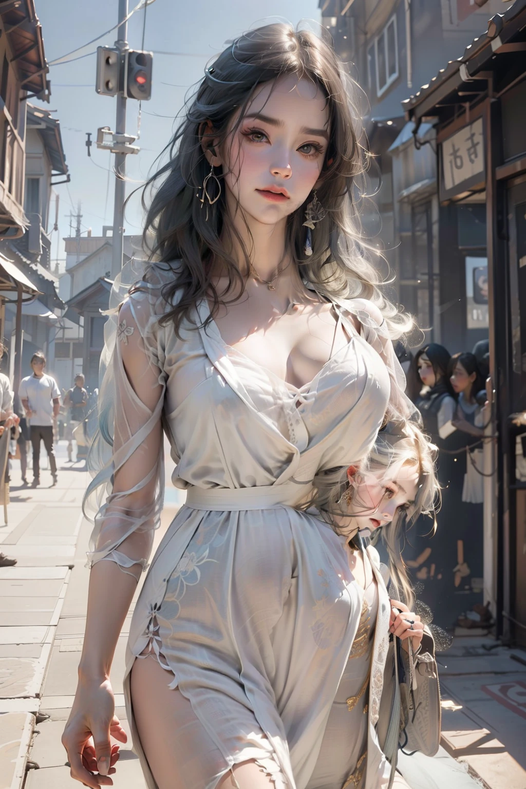 Araffe woman in a dress walking down a street with a handbag - SeaArt AI