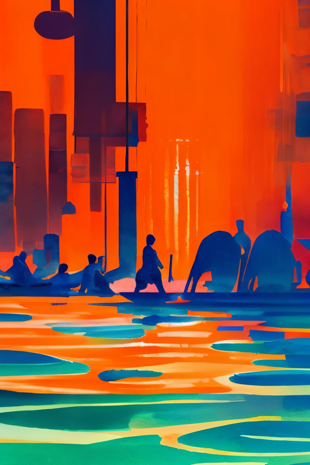 blurred picture style, wet-in-wet, watercolor style, best quality, 8k, only orange and red colors, people dancing on the sea surface
