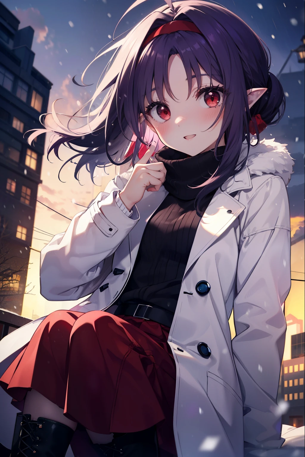 yuukikonno, Yuki Konno, purple hair band, long hair, pointy ears,Ahoge, purple hair, (red eyes:1.5), (small breasts:1.2),short braided hair　ponytail,open your mouth,shy,blush,smile,red muffler,white long coat,black sweater,red long skirt,short boots,winter,cold sky,It&#39;s snowing,It&#39;s snowing,looking down from above,noon,noon間,
break looking at viewer, Upper body, whole body,
break outdoors, city,building street,
break (masterpiece:1.2), highest quality, High resolution, unity 8k wallpaper, (shape:0.8), (fine and beautiful eyes:1.6), highly detailed face, perfect lighting, Very detailed CG, (perfect hands, perfect anatomy),