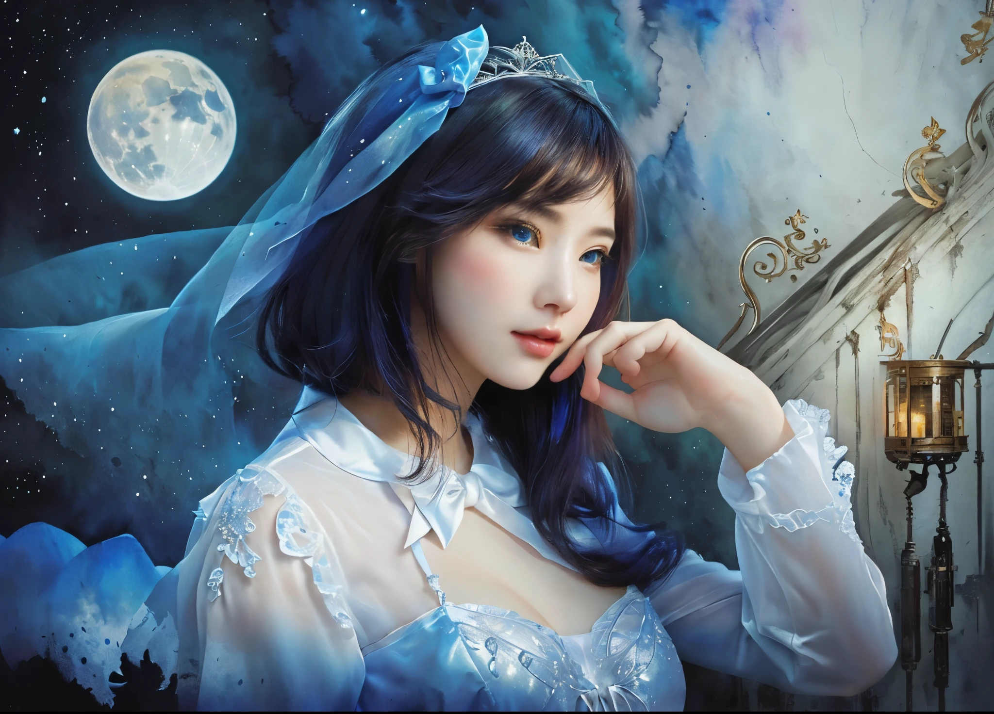 The background is a night city with a blue moon and a white cat.、mysterious beautiful woman、mysterious facial expression、looking at me、white dress、precise watercolor painting、abstract expression、fairy tale、 ((The face is realistic and beautiful)) ((highest quality)), ((high resolution 16k)), ((The background is realistic and beautiful.)), --automatic