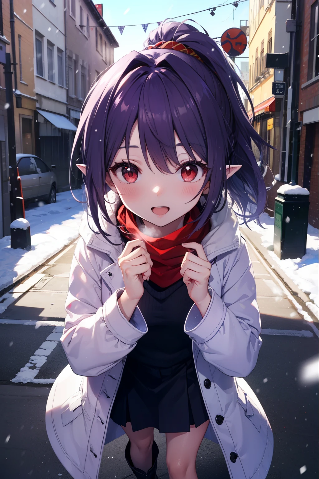 yuukikonno, Yuki Konno, purple hair band, long hair, pointy ears,Ahoge, purple hair, (red eyes:1.5), (small breasts:1.2),short braided hair　ponytail,open your mouth,shy,blush,smile,red muffler,white long coat,black sweater,red long skirt,short boots,winter,cold sky,It&#39;s snowing,It&#39;s snowing,looking down from above,noon,noon間,
break looking at viewer, Upper body, whole body,
break outdoors, city,building street,
break (masterpiece:1.2), highest quality, High resolution, unity 8k wallpaper, (shape:0.8), (fine and beautiful eyes:1.6), highly detailed face, perfect lighting, Very detailed CG, (perfect hands, perfect anatomy),