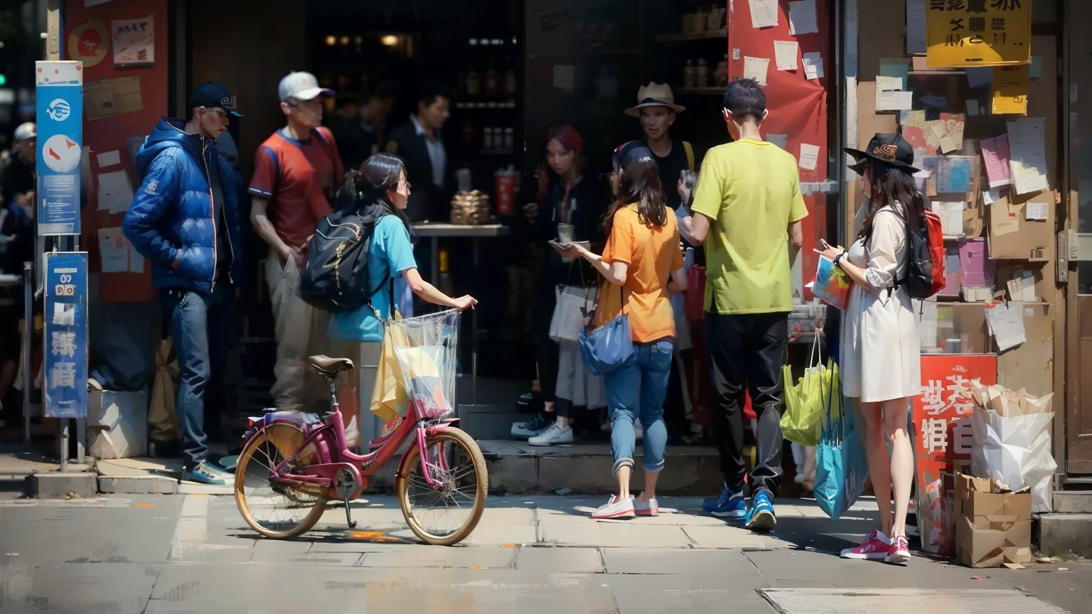 到处都是passers-by, people shopping, urban street fashion, clothing store, streetwear, looks smart, colorful clothes, many shops, on city streets, passers-by，行量的passers-by，People who ride bicycles，oil painting style，