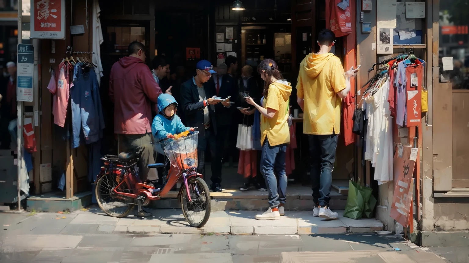 到处都是passers-by, people shopping, urban street fashion, clothing store, streetwear, looks smart, colorful clothes, many shops, on city streets, passers-by,行量的passers-by,People who ride bicycles,oil painting style,