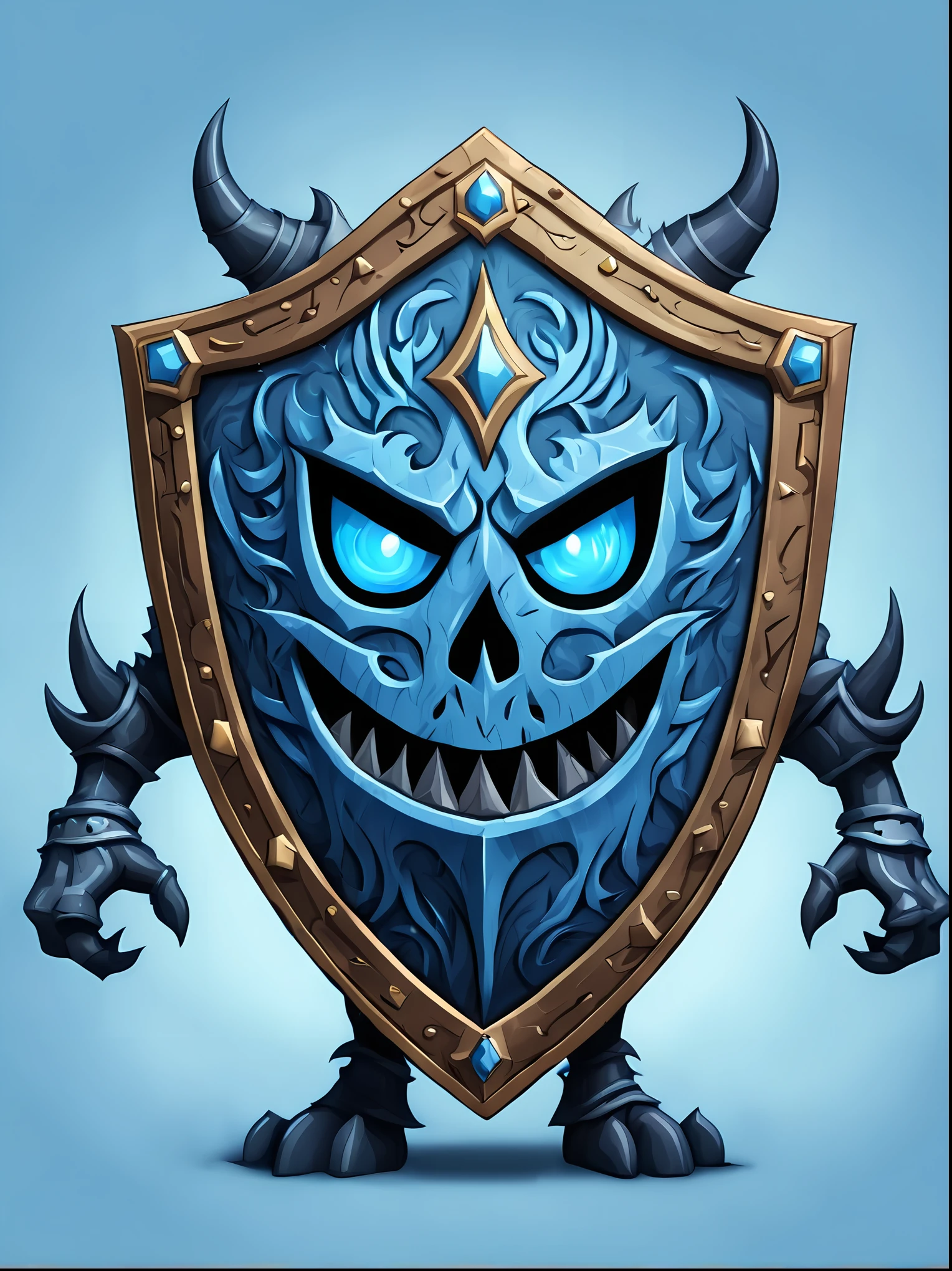 Masterpiece in maximum 16K resolution, cute colorful cartoon style with bold lines, a fantasy art illustration (featuring a giant magical shield) that has a single image of a powerful lich king on it, the shield also has complex rich gothic patterns, simple background with ethereal soft blue flames. | ((More_Detail))