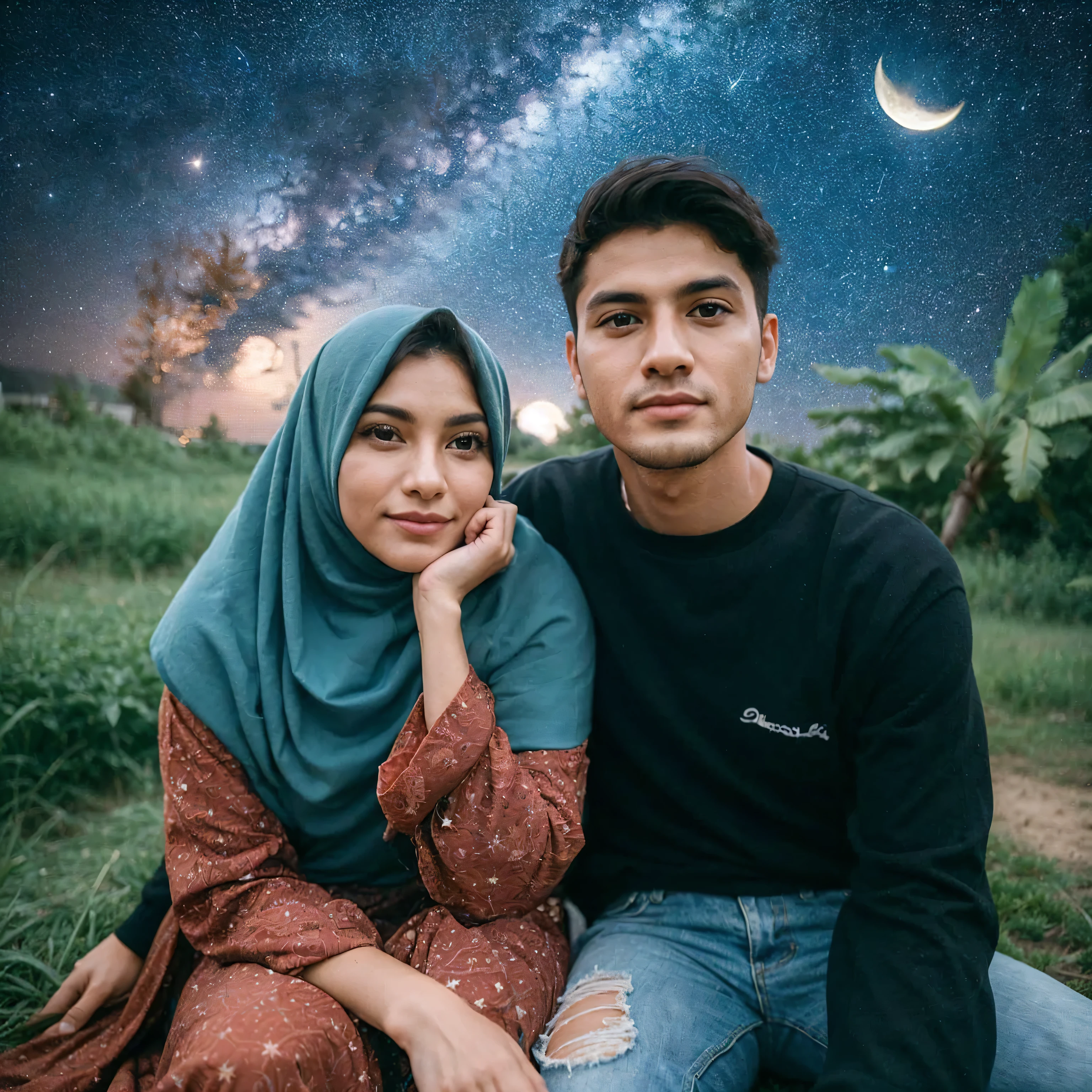 araf and a woman sitting on a grass covered field, lovely couple, โ๐ช๐๐ฉ๐พ, โจ๐๐, with stars, couple pose, couple, high quality portrait, romantic couple, in background, in love, mid shot portrait, with vibrant sky, realism art, smooth in _ the background, with infinity, happy couple, full protrait
