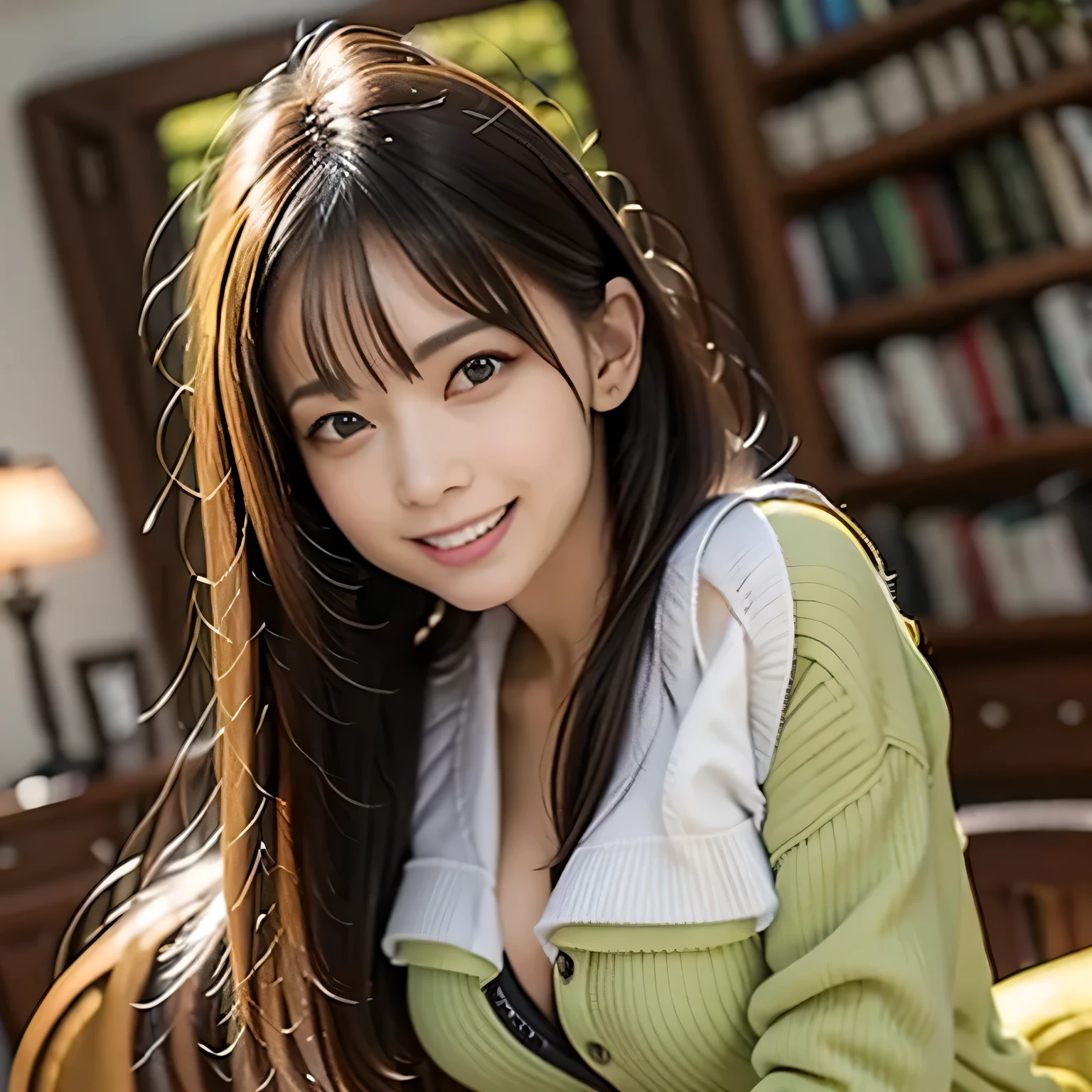 (Photoreal:1.4), (Super detailed), (highest quality), (best shadow), (masterpiece), ultra high resolution, 1 female, alone, bob hair, (green blouse:1.2), (big breasts), smile, portrait, Depth of written boundary, With background: (living room)