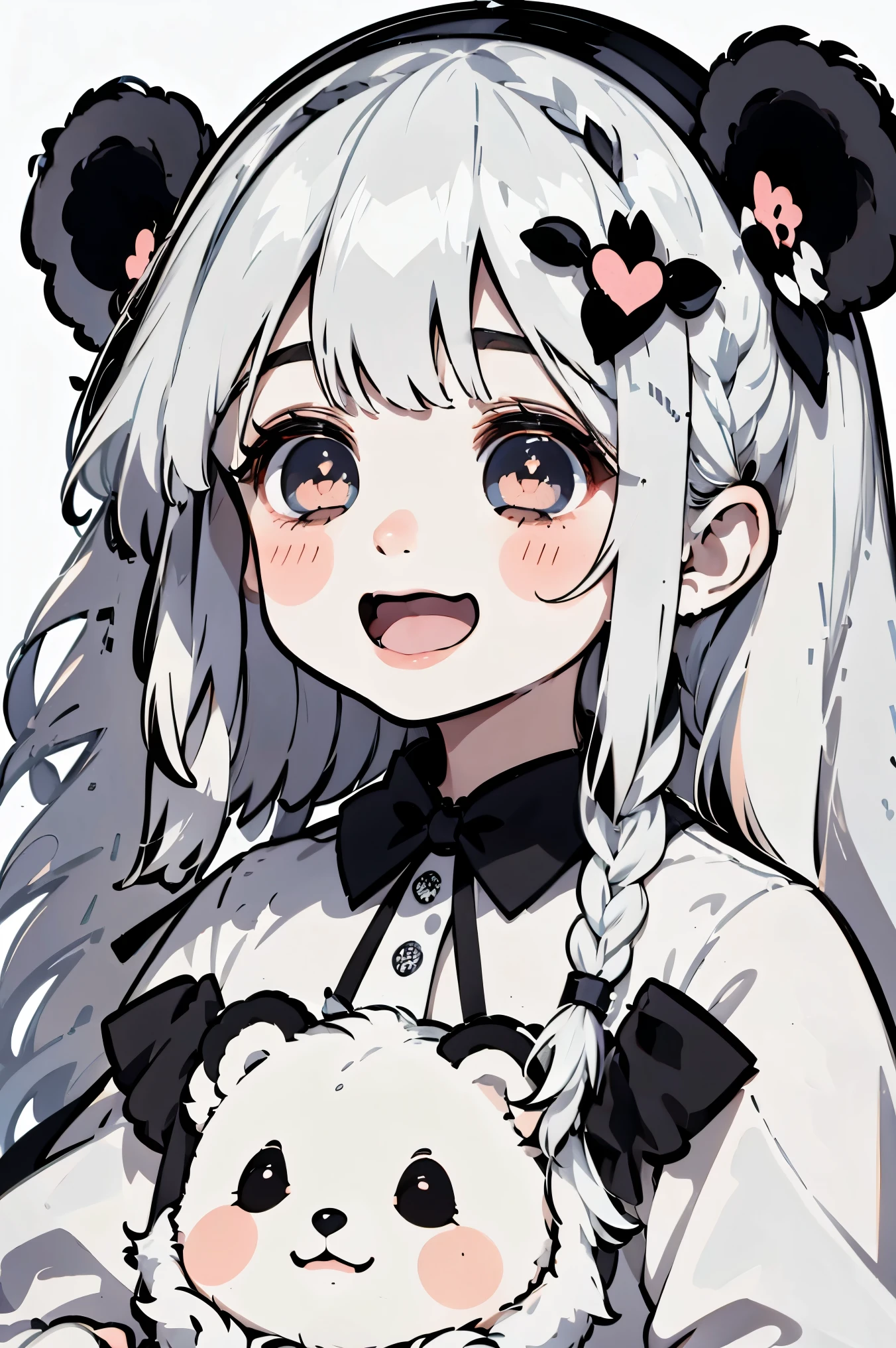  , 1girl, animal ears, hair ornament, smile, white hair, simple background, long hair, solo, open mouth, white background, bear ears, heart, bangs, :d, fang, braid, fake animal ears, black eyes, stuffed toy, blush stickers, hairband, upper body, long sleeves, black hairband, stuffed animal, holding, blush, :3, hairclip, symbol-shaped pupils, bear hair ornament