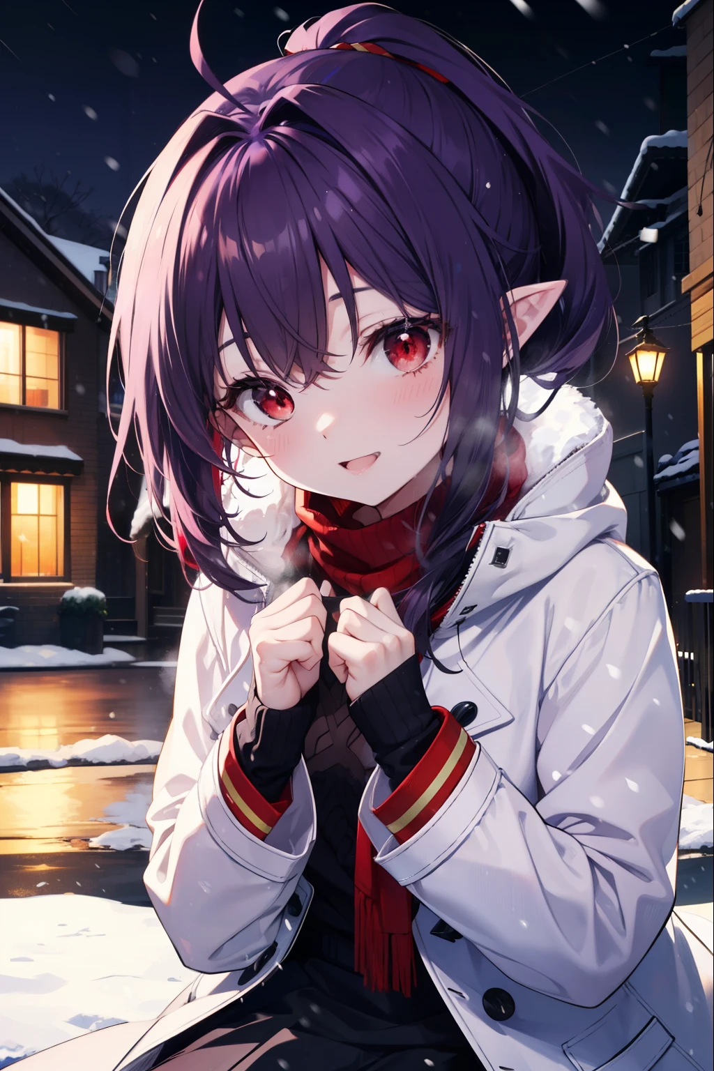 yuukikonno, Yuki Konno, purple hair band, long hair, pointy ears,Ahoge, purple hair, (red eyes:1.5), (small breasts:1.2),short braided hair　ponytail,open your mouth,shy,blush,smile,red muffler,white long coat,black sweater,red long skirt,short boots,winter,cold sky,It&#39;s snowing,It&#39;s snowing,looking down from above,noon,noon間,
break looking at viewer, Upper body, whole body,
break outdoors, city,building street,
break (masterpiece:1.2), highest quality, High resolution, unity 8k wallpaper, (shape:0.8), (fine and beautiful eyes:1.6), highly detailed face, perfect lighting, Very detailed CG, (perfect hands, perfect anatomy),