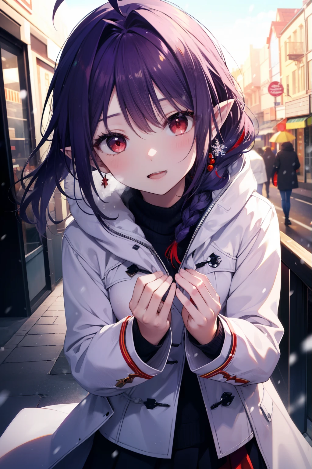 yuukikonno, Yuki Konno, purple hair band, long hair, pointy ears,Ahoge, purple hair, (red eyes:1.5), (small breasts:1.2),short braided hair ponytail,open your mouth,shy,blush,smile,red muffler,white long coat,black sweater,red long skirt,short boots,winter,cold sky,It's snowing,It's snowing,looking down from above,noon,noon間,
break looking at viewer, Upper body, whole body,
break outdoors, city,building street,
break (masterpiece:1.2), highest quality, High resolution, unity 8k wallpaper, (shape:0.8), (fine and beautiful eyes:1.6), highly detailed face, perfect lighting, Very detailed CG, (perfect hands, perfect anatomy),