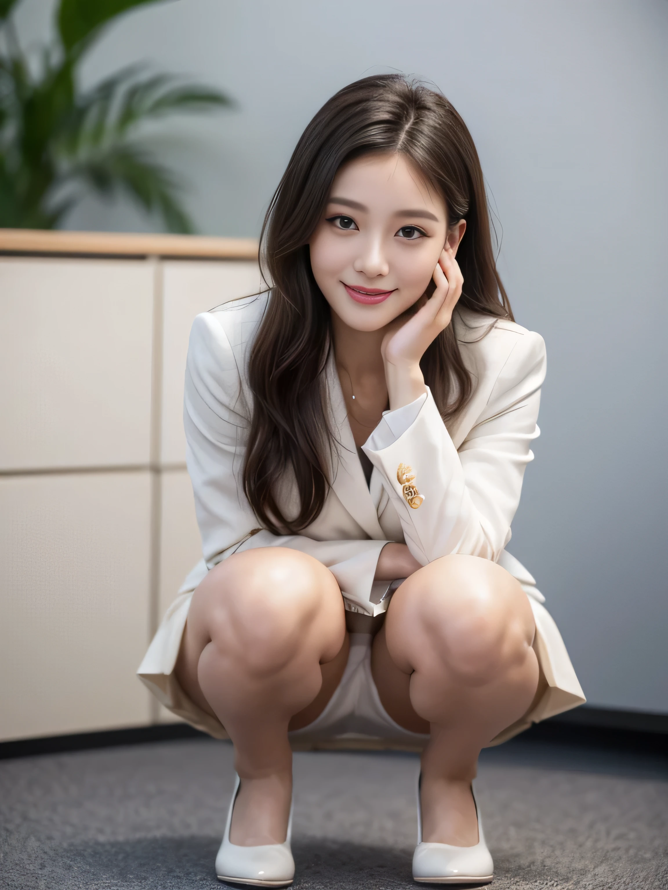 (8K high quality), (highest quality), (RAW image quality),(muste piece:1.2), (Reality), (It&#39;s photorealistic:1.37), large eyes,long eyelashes,Precise action and realistic style）,ultimate face,It&#39;s photorealistic, light and shadow,clear facial features,milky white skin,fair skin, glossy skin, high detail skin,Reality skin details,visible pores,（super detail）,hair length is random, （flowing hair）,best portrait,Photographed from a distance, only one girl, cute type,beautiful detailed eyes, beautiful detailed nose, highly detailed skin) ,(Beautiful face with double eyelids), (Realism: 1.4),,delicate and beautiful face,,25 years old,(beautiful face 1.4),slender, (Wearing an office lady suit and skirt:1.2),((at the company office)),,natural smile,(,Looks like fun),medium hair,,((Wearing an office lady suit and skirt)),very beautiful legs,(((squat to the viewer))),((smile at the audience)),The color of the panties is white,very charming smile,sit with both knees up,((Squat down and show off your white panties)),(((Squat with legs slightly spread))),gesture of placing hand on cheek