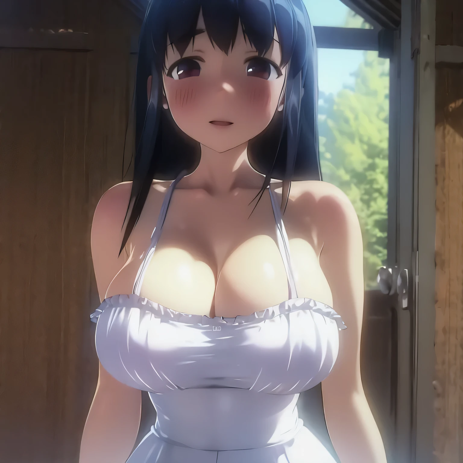 (8K, Raw photo, highest quality, masterpiece: 1.2),1 personと女の子1 person,Facing each other,(8 year old boy,1 person,rub your chest),17 year old Japanese woman,huge breasts,smile,avert your eyes