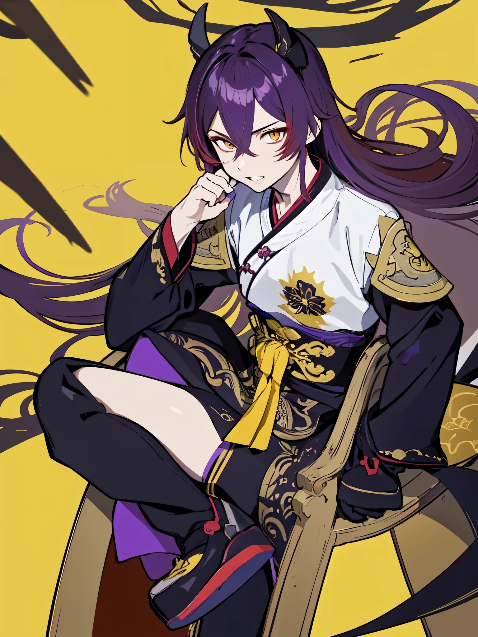 masterpiece, best quality, highres, anime, male,1man, zhongli (genshin impact), purple hair, black hanfu, yellow eyes, long hair
