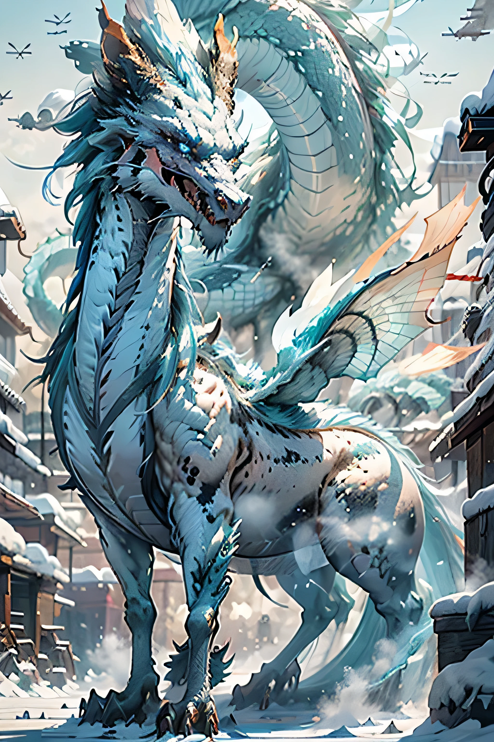 Among the calm winter landscape, majestic flying dragon takes off. His icy breath leaves a trail of frost in the fresh air., as he soars over a vast snow-covered landscape. Dragon scales glisten in the sun, reflecting the winter light in mesmerizing patterns. His wings beat rhythmically in the cold air., Software creation, muffled sounds, echoing across the frozen landscape. Despite the harsh winter conditions, The bright colors and fierce beauty of the dragon evoke a feeling of warmth and wonder in the hearts of those, who witnesses his majestic flight..