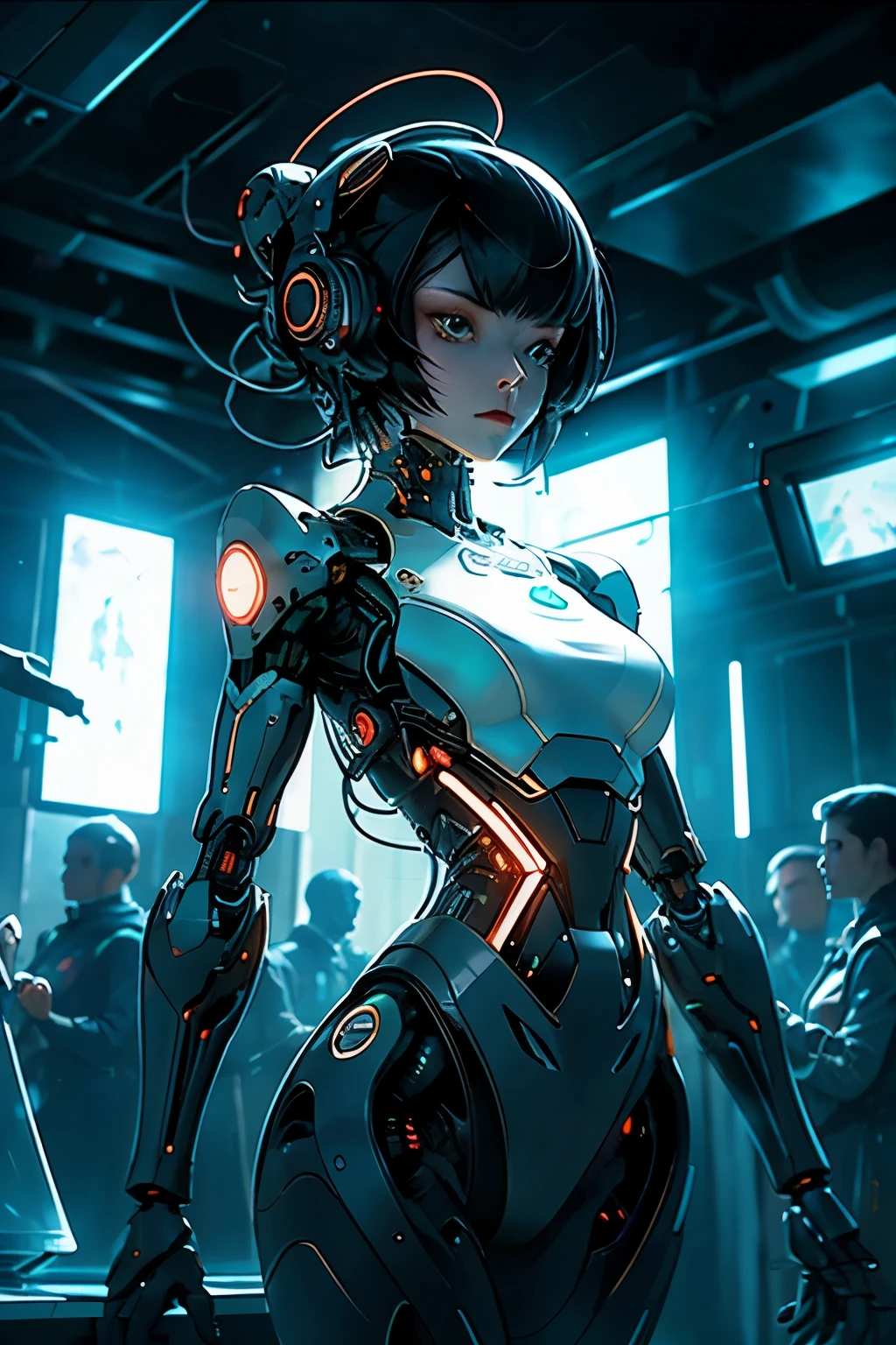 A black-coloured, black-skinned female robot with piercing red glowing eyes stands firmly in the midst of a sci-fi room. Surrounding her are countless floating computer chips enclosed in vibrant bubbles, casting an ethereal glow. In the background, a breathtaking galaxy of shooting stars illuminates the scene through the expansive window. The room's atmosphere is accentuated by the chip-designed lights on the walls, which emit a medium light enveloping the space with a grey and green colour grading. The robot's body radiates an air of advanced technology and mystery, adding to the intrigue of this extraordinary environment. High Quality Detail, Cinematic