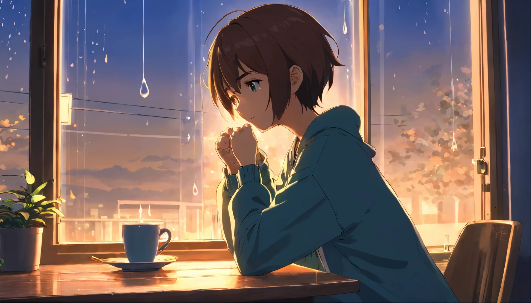 masterpiece, highest quality,8K, ultra high resolution,The main character is sitting by the window,I can see the rain falling from the window,The main character looks out the glass window as it rains.,The raindrops seem to represent the tears in the protagonist's heart.,Scratch a blurry mark on the window。The lighting in the room is a little dark,It's a little dark outside too,The main character has his back turned,The whole photo conveys a warm yet sad atmosphere.,You can see steam coming out of the coffee cup.,コーヒーThe cup is1Only one置かれている,The cup only has one handle,The cup is1Only one机の上に置かれている,絵全体で見えるコーヒーThe cup is1Only one