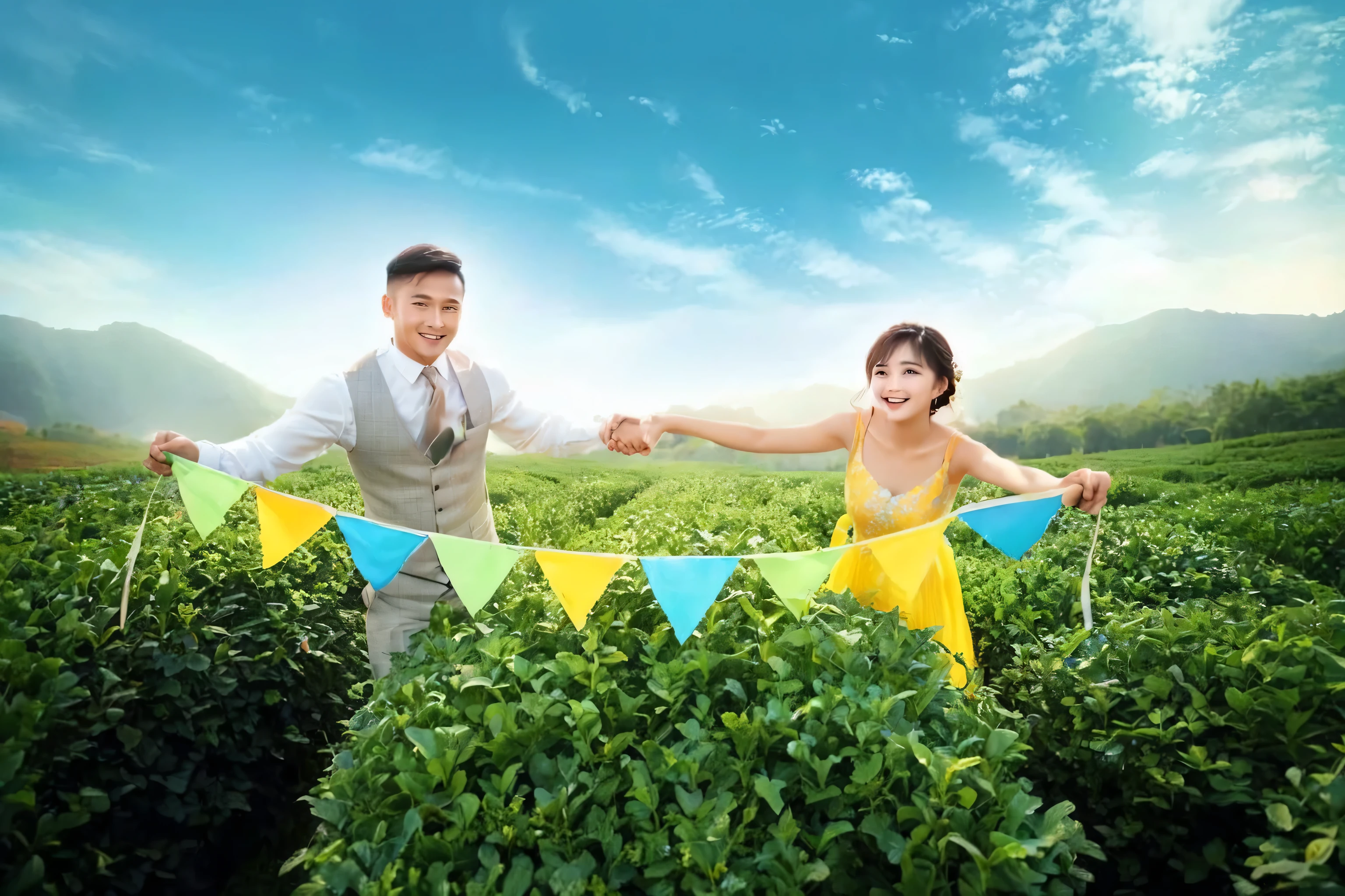 The tip for stable diffusion is::
"A man and a woman holding hands in a field, wedding photography, Ruan Jia and Fenghua Zhong, cute couple, marketing photos, cool marketing photos, background, professional wedding photography, Publicity photos, Advertising photography, photo shoot, happy couple, promotional photography, wedding photography, photo shoot, couple pose, Interesting composition, Movie promotional pictures, (best quality, 4K, 8K, high resolution, masterpiece:1.2), Super detailed, (actual, photoactual, photo-actual:1.37), high dynamic range, ultra high definition, studio lighting, Ultra-fine coating, sharp focus, Physically based rendering, extremely detailed description, professional, bright colors, Bokeh, Romantic tones, beautiful lights."