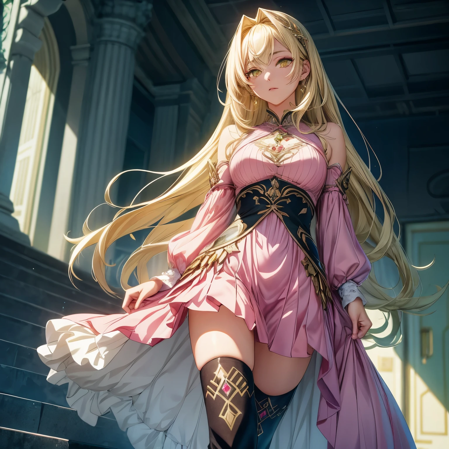 A woman with an anime style, cloaked in crystalline green long hair, adorned her face with golden yellow eyes. She donned a clear pink dress and wore black boots that reached halfway up her shins. Her radiant, translucent skin shimmered under the gentle lighting, adding an ethereal allure to her presence. With her delicate features complimenting her elegant attire, she exuded an air of tranquility and grace. This high-resolution image, masterpiece of anime aesthetics, showcased every minute detail, from the strands of her waving hair to the intricacies of her walk. An exquisite composition of sharp features, soft curves and detailed text