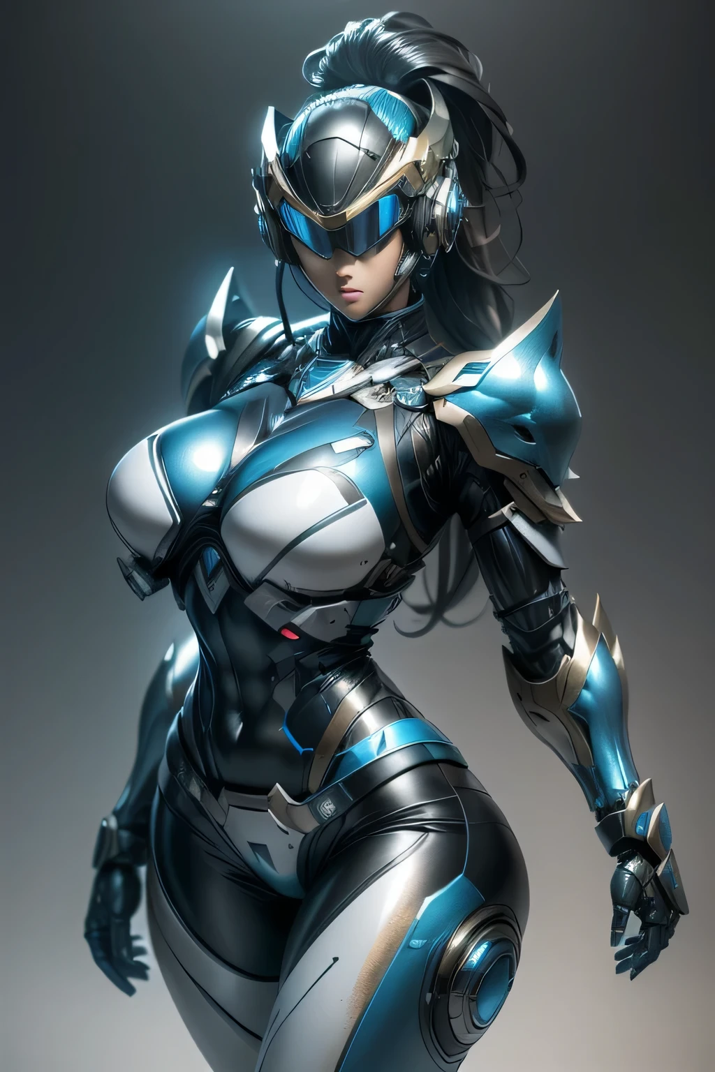 female robocop solo、Armor that completely covers the whole body、very large armor、Helmet covering the head、helmet with straight, narrow goggles to hide your eyes、metallic sky blue armor、Armor that completely covers the chest、thin and long legs、Vibrant Posel Body View,big and full breasts:1.3, (sports body:1.5)、The lower half of the face is exposed、luscious lips、five fingers、Photos in the city