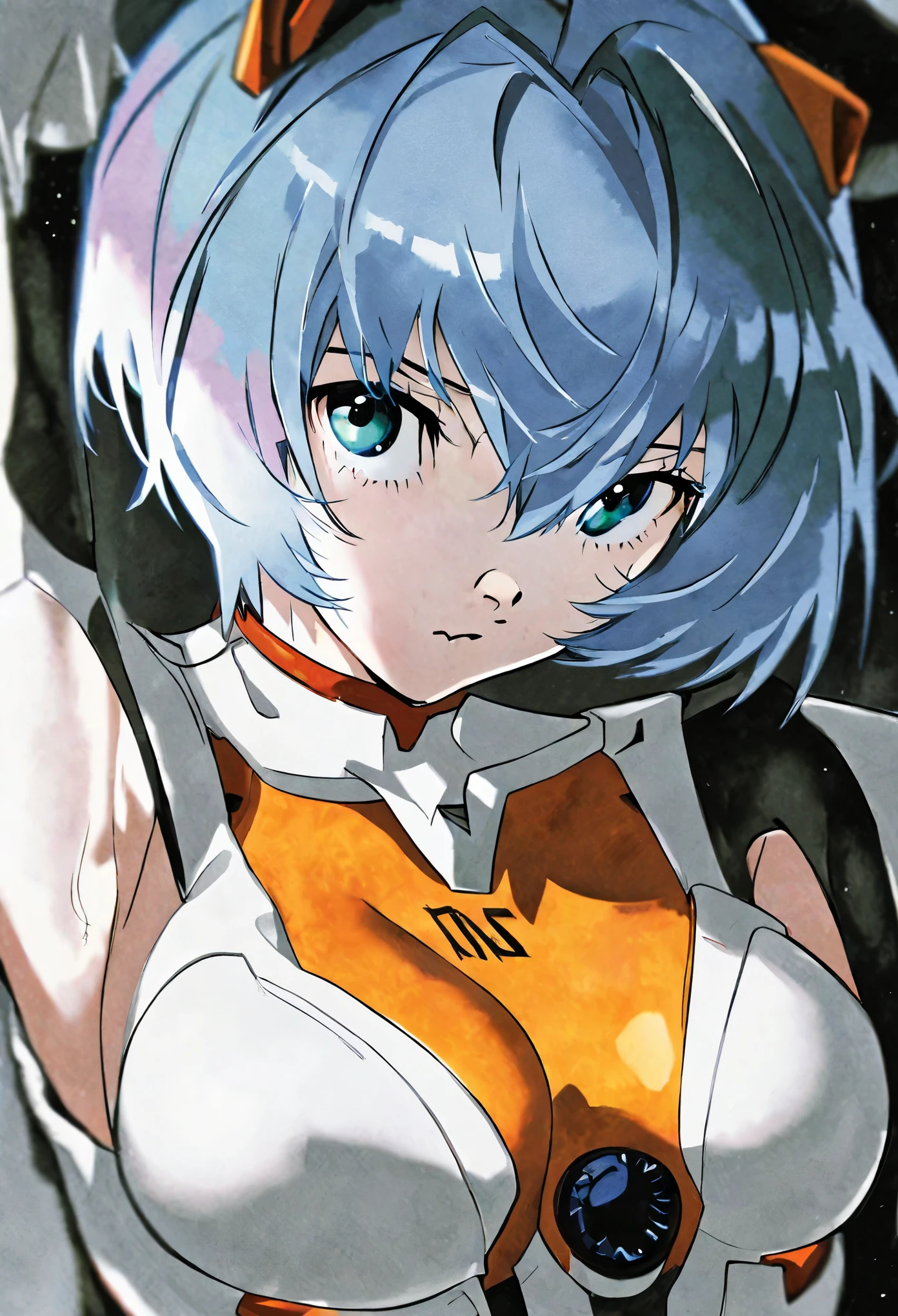 by Mai Yoneyama, Best quality at best, tmasterpiece, Detailed pubic hair, Aesthetic, 1个Giant Breast Girl, Alone, Blue hair, ayanami rei, The upper part of the body, white backgrounid