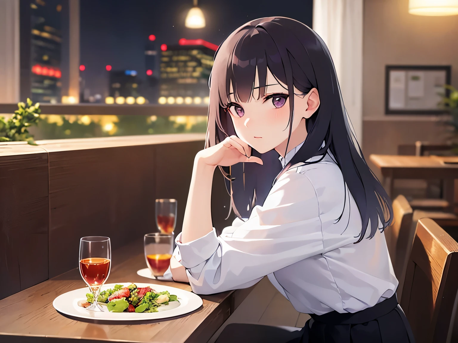 Waving, Realistic, real person, (pale skin: 1.2), RAW photo, photorealistic, portrait photography, shiny skin, japanese idol、shiny hair、(bangs) and (straight) and (medium hair)and (25 year old woman) and (black hair) and (purple eyes) , Office Lady、wearing a white shirt、Bad mood, (blush:1.4), The background is a restaurant at night、Alone、sitting、wine glass、food on a plate