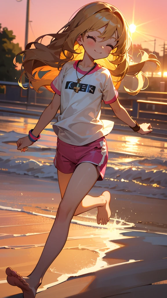 a cute 6 christian church girl named Zachary, both brownish blonde hair, long wavy hair, short sleeved white sport jersey tshirt, pink shorts, cross necklace, Jogging, sunrise, slight smile, wristbands, barefoot, eyes closed, hand details, feet details, in a quiet neighborhood, romantic