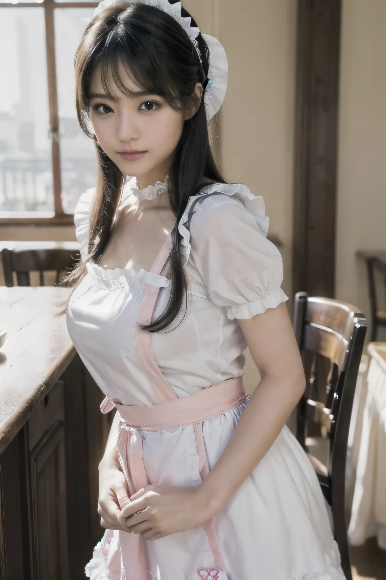 1girl, solo, gravure idol, (black hair:1.2), closed mouth, (smiling:0.8), (idol pose:1.2), (beautiful detailed eyes, shiny eyes, long eyelashes, double eyelid), (natural hand), ((natural eyes and mouth)), (finely detailed beautiful eyes: 1.2),
maidsirius, maid headdress, (white maid apron:1.2), white thighhighs, hair ornament, hairclip, ((white:1.2) frilled apron), (pink maid dress:1.2), (pink maid skirt:1.2), garter straps, hair ribbon, short sleeves, ascot, alternate costume, lace trim, 
looking at viewer, (cowboy shot:1.4), (side view),
(open cafeteria:1.4),
photo, photo realistic, (photorealistic:1.4), best quality, high quality, 4K, RAW, masterpiece, beautiful face,
