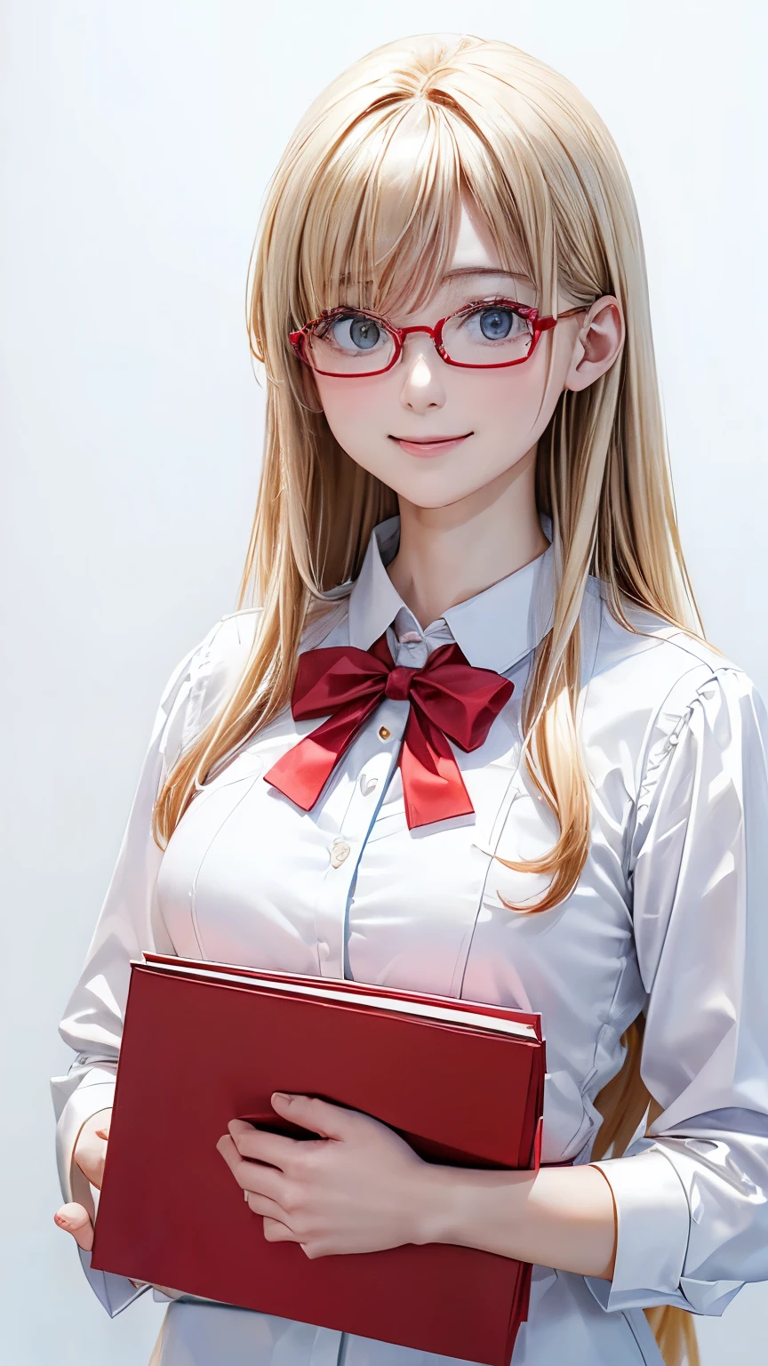 (((Pure white wall background)))、(((8K、Highest image quality)))、(((I&#39;m a secretary)))、(((I have documents)))、(((I wear red-rimmed glasses)))、I&#39;m smiling、wearing a white blouse、blonde、Are standing