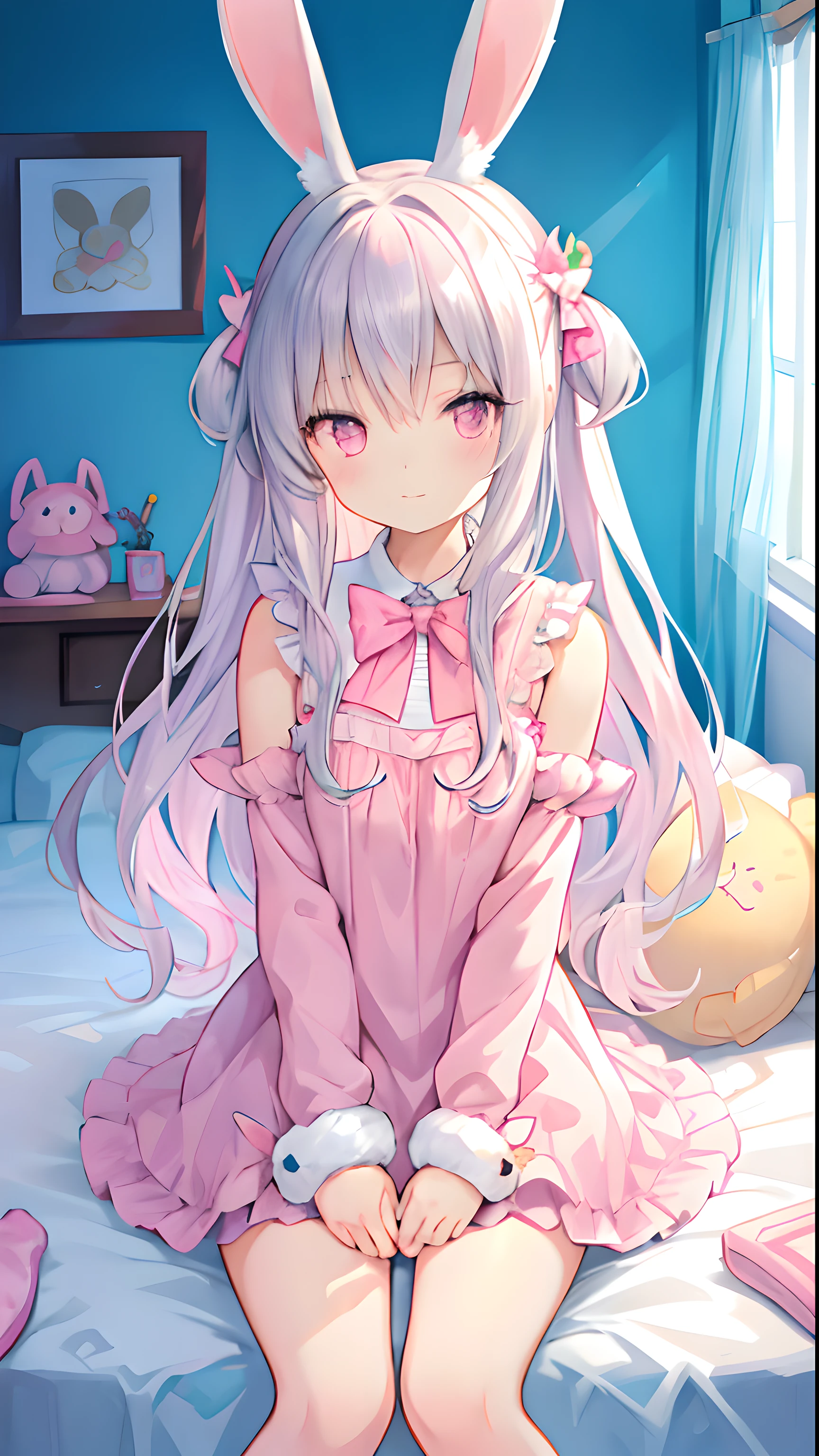 Beautiful illustration, best quality, cute girl, bedroom, pastel colors, fluffy bunny ears, small, Long silver hair, Rabbit stuffed toy, bright lights, light pink eyes