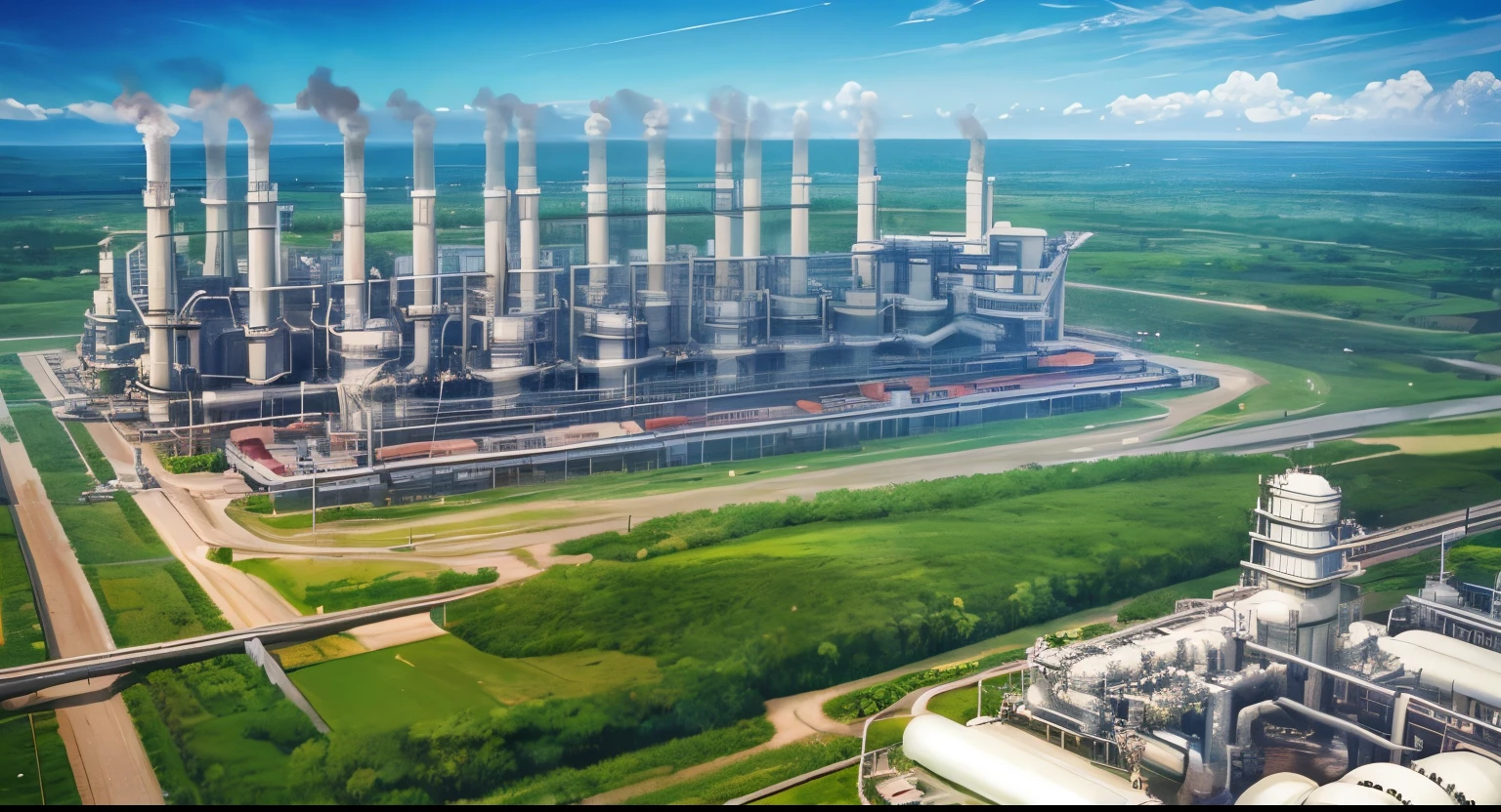 make me an illustration of a Pertamina refinery in Indonesia with a green building theme and text "Kilang Pertamina Indonesia"