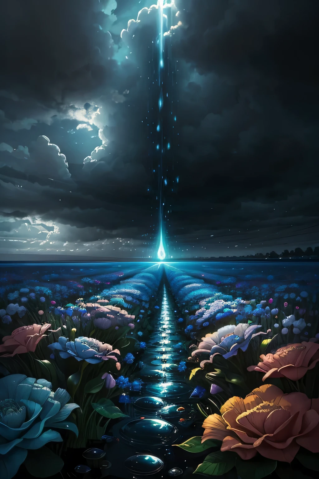 Picture a delightful scene of radiant Black babies floating serenely in individual bubbles, suspended amidst a lush garden filled with vibrant blue flowers. The petals of these flowers sway gently in the breeze, adding a sense of tranquility to the scene. Above, dark clouds gather in the sky, their ominous presence contrasting with the joyful sight below. Yet, the mood remains uplifting as the medium light filters through the clouds, casting a cool grey and blue color grading over the scene. This subtle interplay of light and shadow adds depth and complexity to this happy and inspiring image.