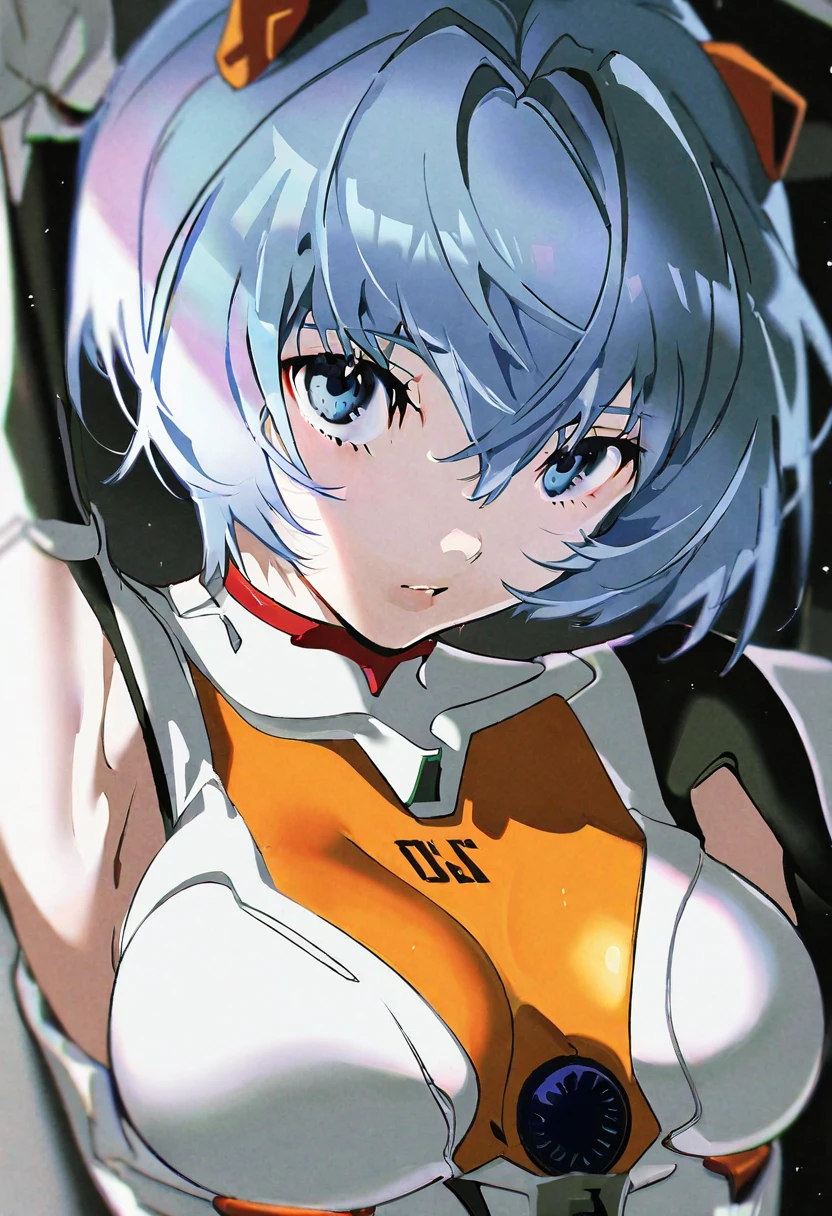 by Mai Yoneyama, Best quality at best, tmasterpiece, Detailed pubic hair, Aesthetic, 1个Giant Breast Girl, Alone, Blue hair, ayanami rei, The upper part of the body, white backgrounid