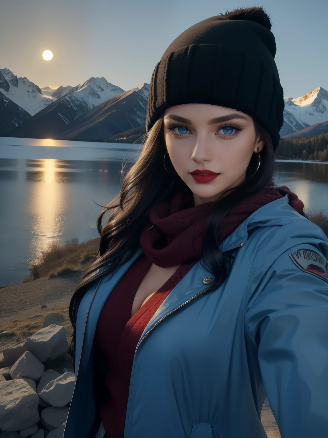 Caucasian woman; black hair, wavy hair, long hair, hair parted in the middle; blue eyes, ((lined eyes)), ((highlight blue eyes)), (((shiny eyes))); ((red lipstick)), makeup; smile, toned body, athletic body, (); ((closed jacket)); cold hat, scarf, earrings, necklace, bracelets; high quality, artistic shot, at night; nature, at night; Behind you can see a lake, the moon and a mountain, front view, selfie, shot from above.