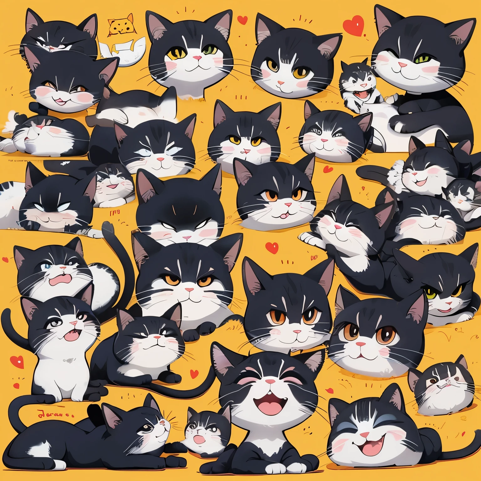 Cartoon cat memes，16 emojis in various poses and expressions，cartoon style，Different emotions, multiple postures, emoticons, text, flat illustrations