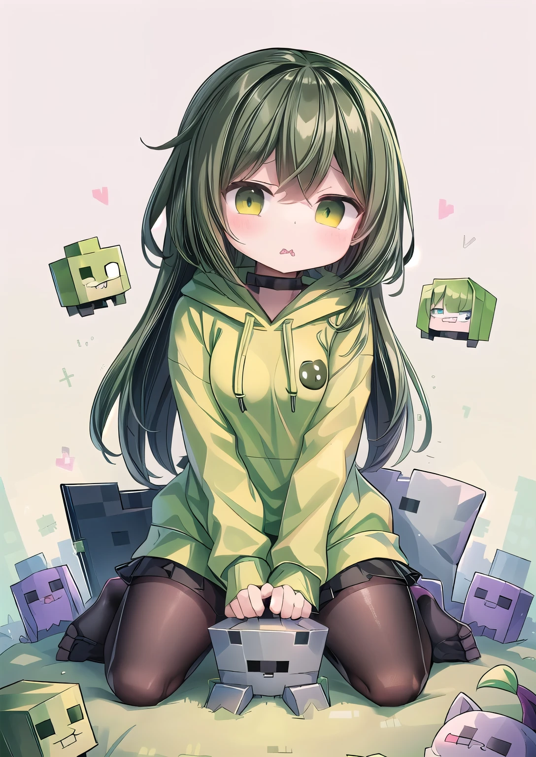 One wearing a green hoodie、Cartoon image of girl holding green ax, Creeper, Creepers, minecraft Creeper, Creep, minecraft Creeper in real life, ❤🔥🍄🌪, Japanese cartoons!!!!!!!!!!!!!!!, my world风格, !!!!!!!!!!!!!!!!!!!!!!!!!, Creeper world, ((Zerat)), Official fan art, Crypt Lurkers!!, Creepy kawaii, my world
