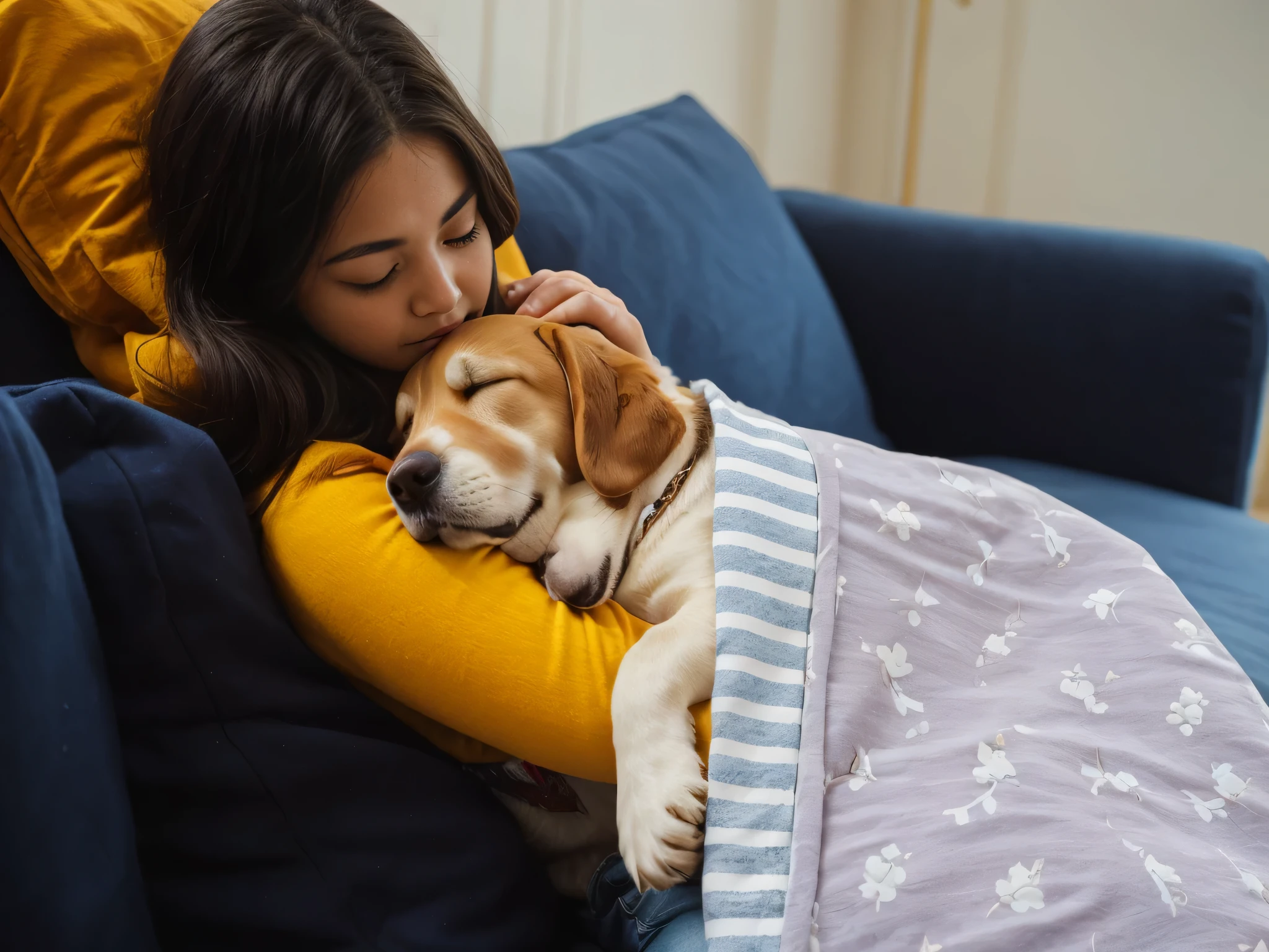 Alaphia dog lying on woman&#39;legs sitting on sofa, Designed for Comfortableable aesthetics!, heartwarming, dog sleeping, covered with blanket, Embrace, covered with blanket很舒服, In the background, Comfortable, Wow, Embrace和Embrace, easy going, Sleepy, Sleepy feeling, portrait shooting, Someone is sitting on the bed at home, near angle, charming, nod