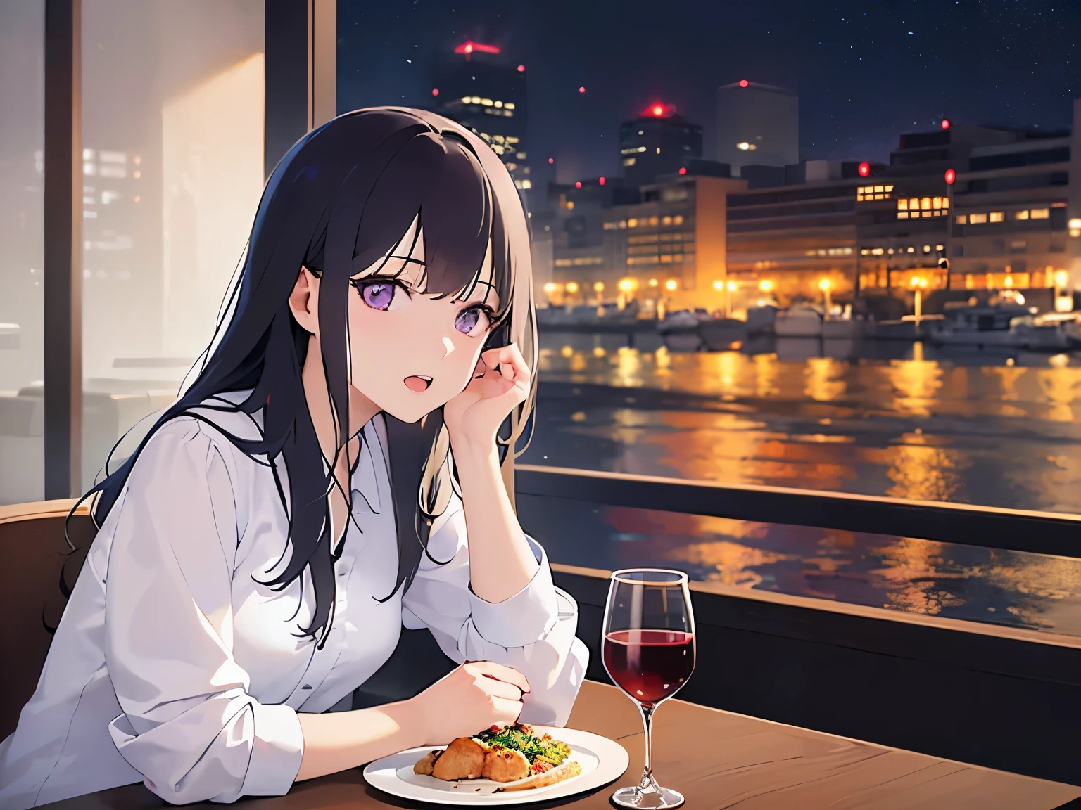 Realistic, real person, (pale skin: 1.2), RAW photo, photorealistic, portrait photography, shiny skin, japanese idol、shiny hair、(bangs) and (straight) and (medium hair)and (25 year old woman) and (black hair) and (purple eyes) , Office Lady、wearing a white shirt、Bad mood, open mouth, The background is a restaurant at night、Alone、sitting、wine glass、food on a plate