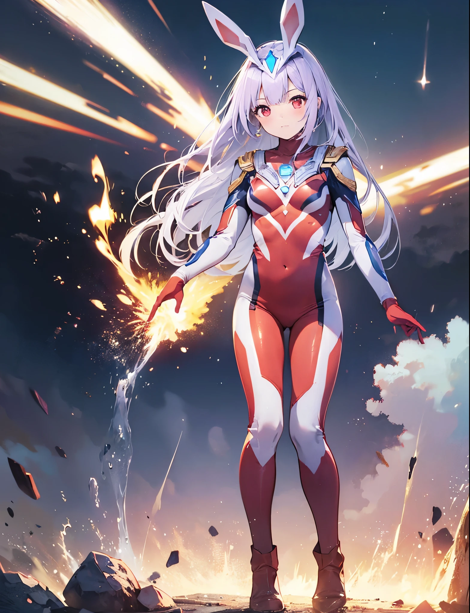 realistic,highest quality, ultra detail, High quality CG drawing, The most delicate and beautiful, Floating gently, High resolution, (1 girl), (Highest image quality,4K,8K,masterpiece:1.2) ,light purple hair,Rabbit,Bunny ears,long hair,red eyes,(ultra girl:1.0),(red ultraman bodysuit:1.4),red gloves