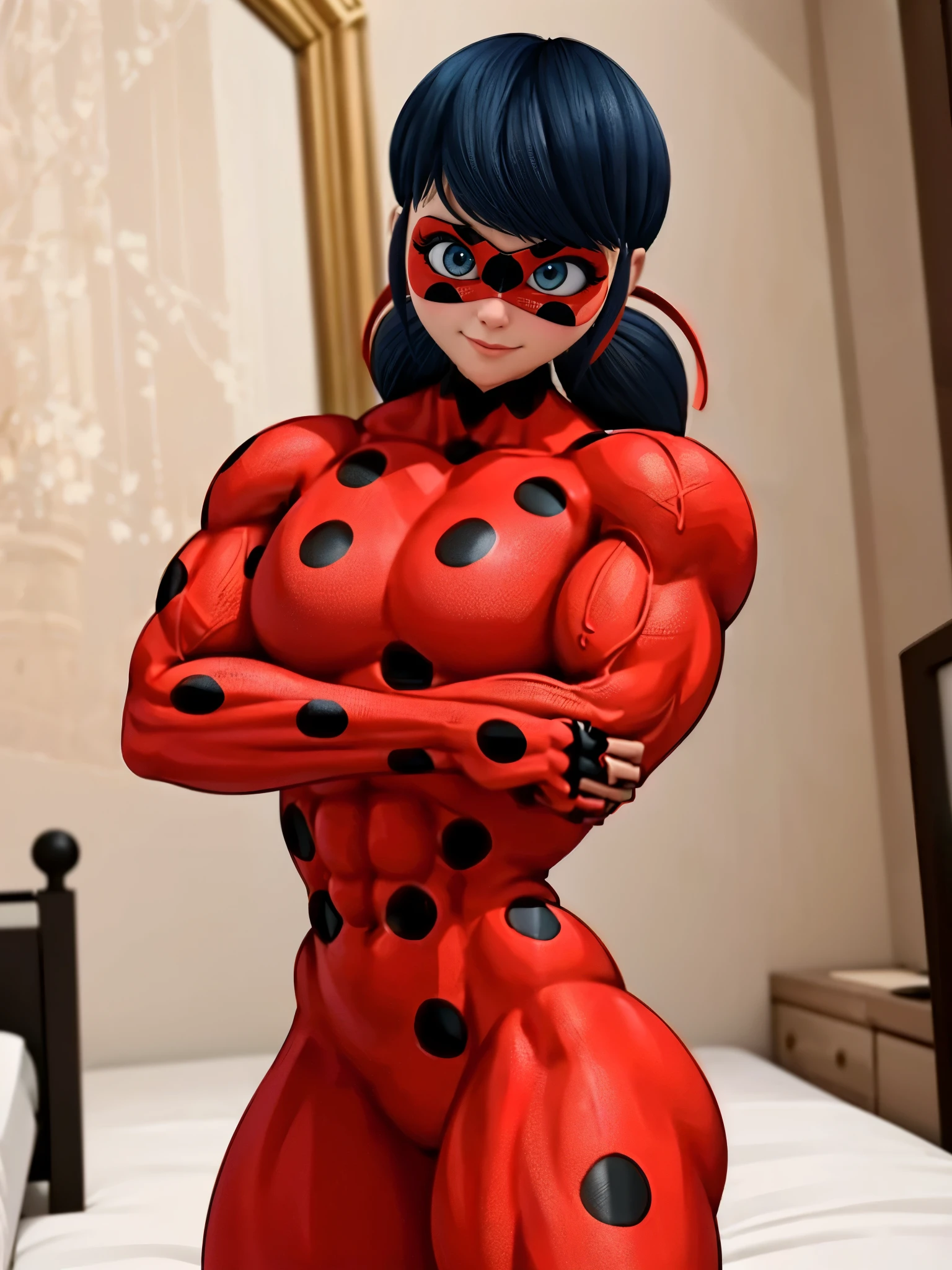 (big muscular female bodybuilder, beautiful detailed eyes, beautiful detailed lips:1.1,strong physique, two short pigtails,(small smile),(a bright red mask with five black spots that are in a symmetrical design around her eyes, a luminous vivid red superhero jumpsuit with a black turtleneck collar and black spotuscle,(Ladybug costume) (muscle are visible in clothes)), lifting weight, muscular arms and legs:1.2, toned abs, powerful expression,sweating:1.1, bed background:0.9, intense focus:1.1, vibrant colors, dramatic lighting),rippling muscles,sturdy frame,dark tan,fit around the waist,tight abs,strong arms and shoulders,intense expression,determined look,well-defined muscles and veins,straining muscles,artistic pose,steely gaze,side lighting,powerful presence,vivid colors,dynamic composition,studio lighting,physically-based rendering,athletic build,bodybuilding silhouette,professional,gritty texture,bokeh.