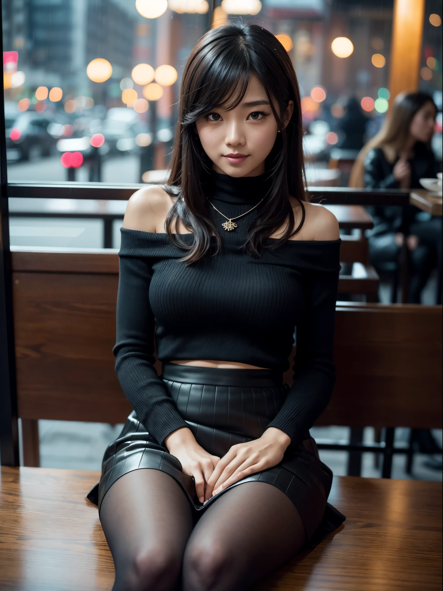 8k uhd, dslr,film grain, Fujifilm XT3,(best quality:1.3), (masterpiece:1.1), high resolution, cinematic light, intricate details, (photorealistic),outside, night gloomy outside, rainy, korean girl,(in cafe:1.5), ulzzang makeup, expressive sad & crying, mess black eyeliner by tears, bobcut, looking at viewer, ribbons, bowties, bare shoulders, ribbed sweater, pencil skirt, high-waist skirt, head rest, sitting, indoors, necklace,black pantyhose, (smile),(full body:1.6) correct anatomy, correct finger & hands position & structure