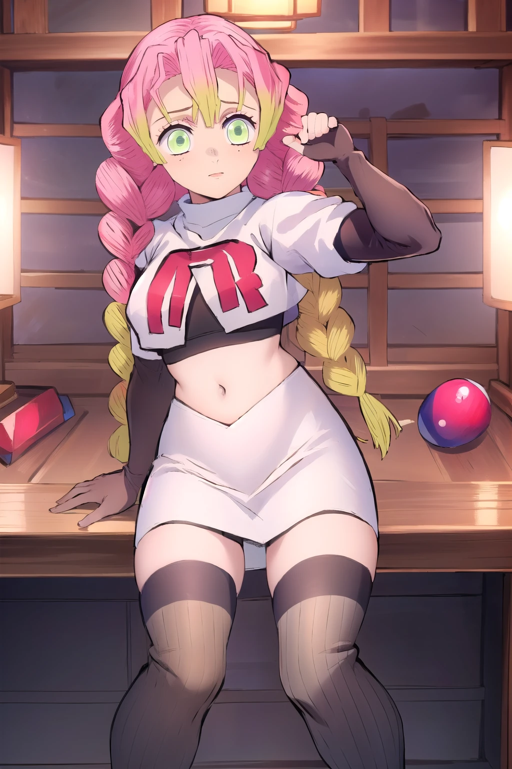 (masterpiece, best quality),  intricate details,
1girl,  MitsuriKanroji,  team rocket,team rocket uniform, red letter R, white skirt,white crop top,black thigh-highs,black elbow gloves