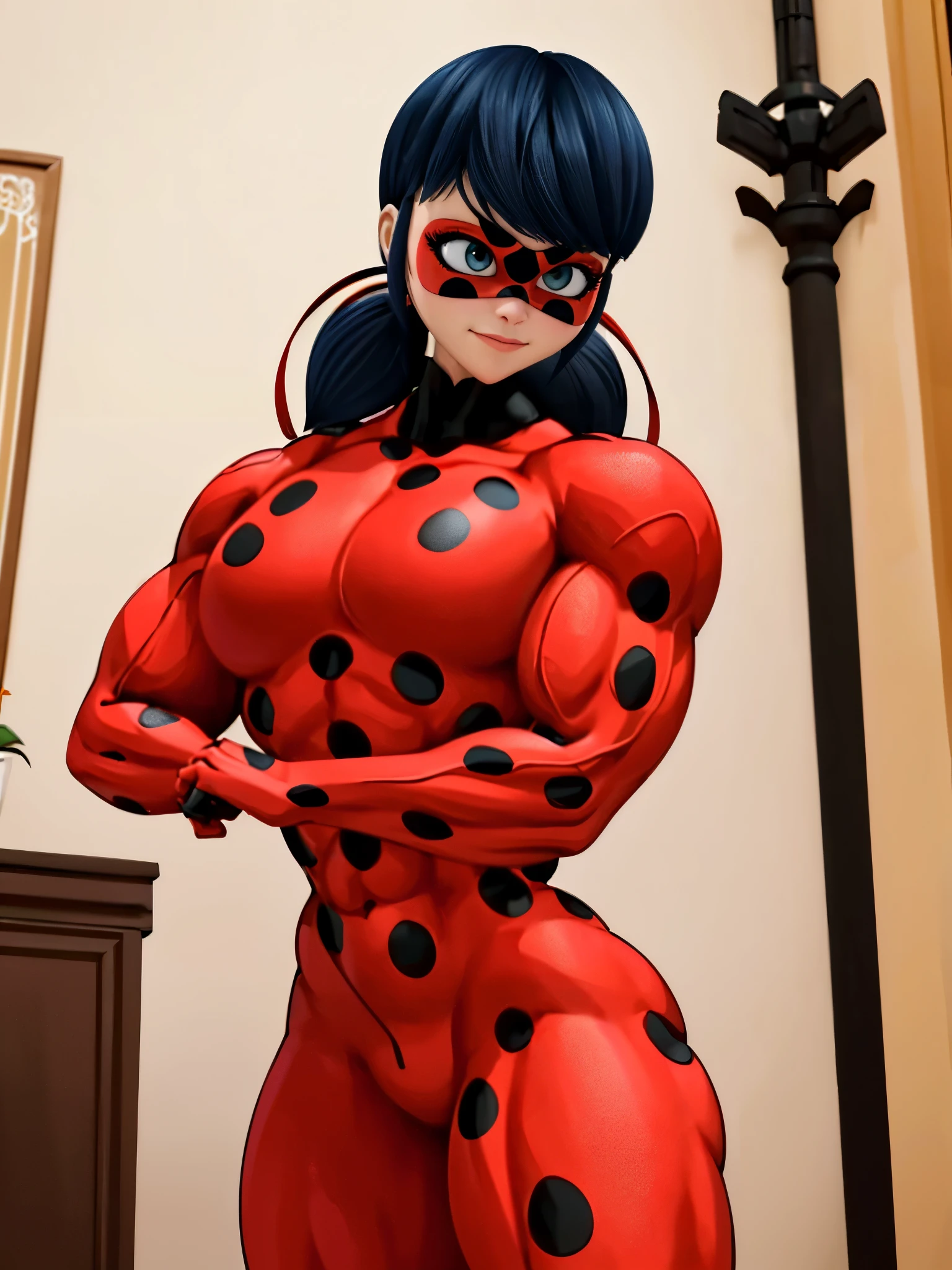 (big muscular female bodybuilder, beautiful detailed eyes, beautiful detailed lips:1.1,strong physique, two short pigtails,(small smile),(a bright red mask with five black spots that are in a symmetrical design around her eyes, a luminous vivid red superhero jumpsuit with a black turtleneck collar and black spotuscle,(Ladybug costume) (muscle are visible in clothes)), lifting weight, muscular arms and legs:1.2, toned abs, powerful expression,sweating:1.1, bed background:0.9, intense focus:1.1, vibrant colors, dramatic lighting),rippling muscles,sturdy frame,dark tan,fit around the waist,tight abs,strong arms and shoulders,intense expression,determined look,well-defined muscles and veins,straining muscles,artistic pose,steely gaze,side lighting,powerful presence,vivid colors,dynamic composition,studio lighting,physically-based rendering,athletic build,bodybuilding silhouette,professional,gritty texture,bokeh.