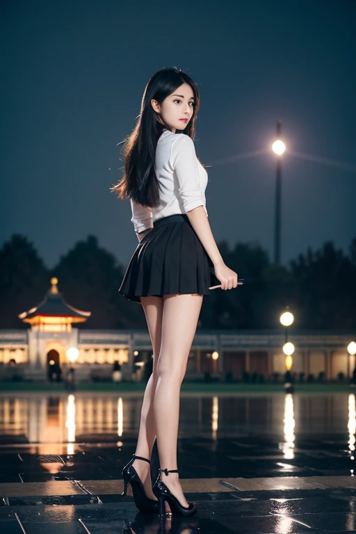 A beautiful woman with short skirt and long hair stands under the Temple of Heaven,wear black,fan in hand,wear high heel shoes,It just rained at night,The ground is wet。blur background,Canon 5D4 shooting,Feeling