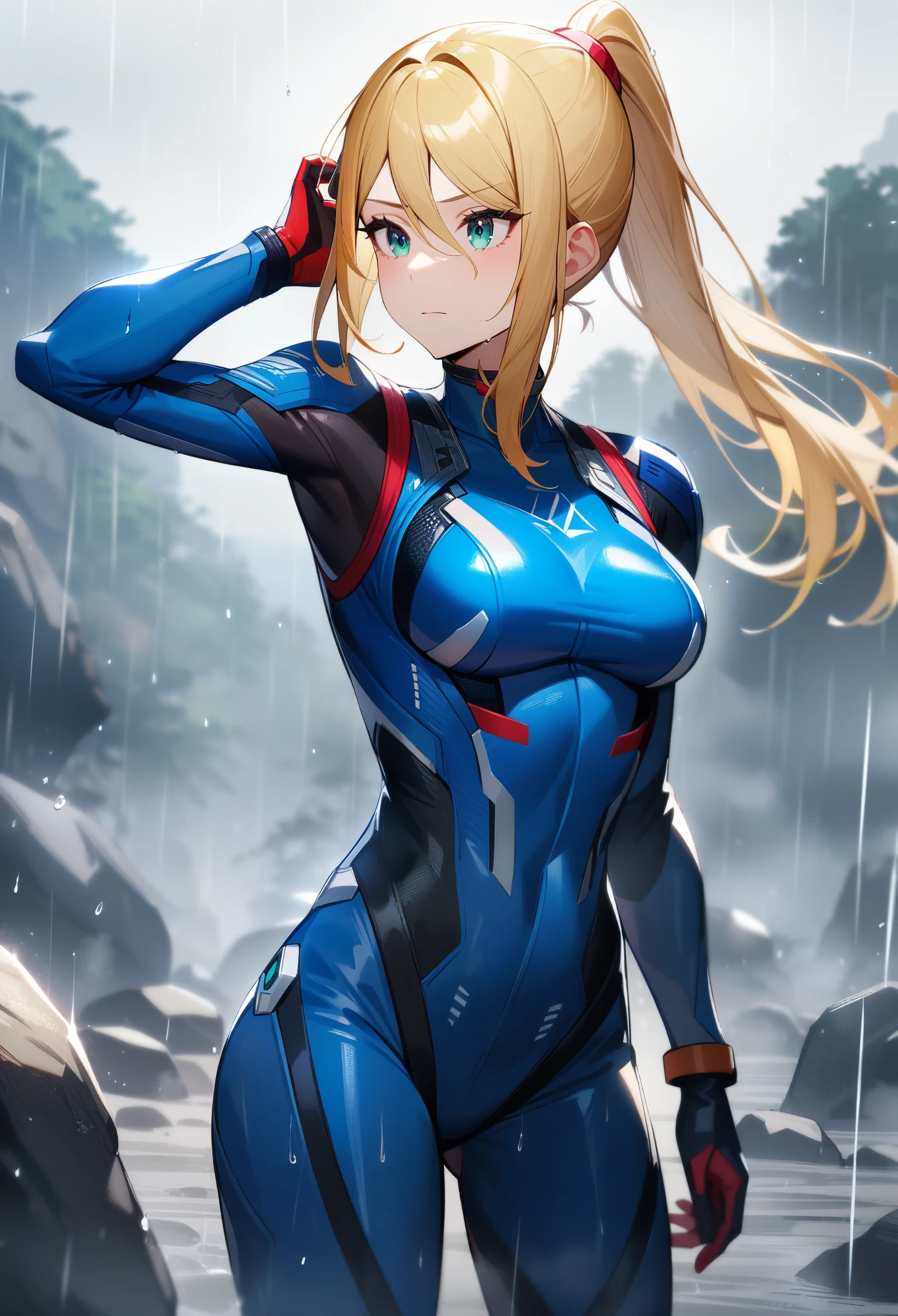 1girl,Samus aran,solo,green eyes,blonde hair,blue body suit,ponytail,hair tucking,cowboy shot,rock field,rain,Science fiction,ultra-detailed,sharp focus,aesthetic,(best quality)
