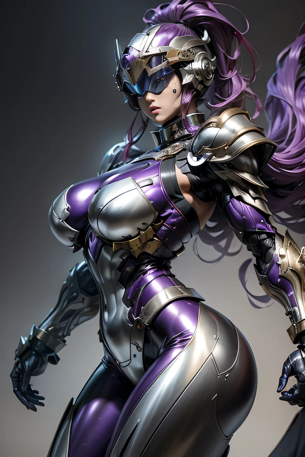 female robocop solo、Armor that completely covers the whole body、very large armor、Helmet covering the head、Eyes hidden by thin straight goggles、The lower half of the face is exposed、luscious lips、metallic purple armor、Armor that completely covers the chest、thin and long legs、Vibrant Posel Body View,big and full breasts:1.3, (sports body:1.5)、five fingers、Photos in the city