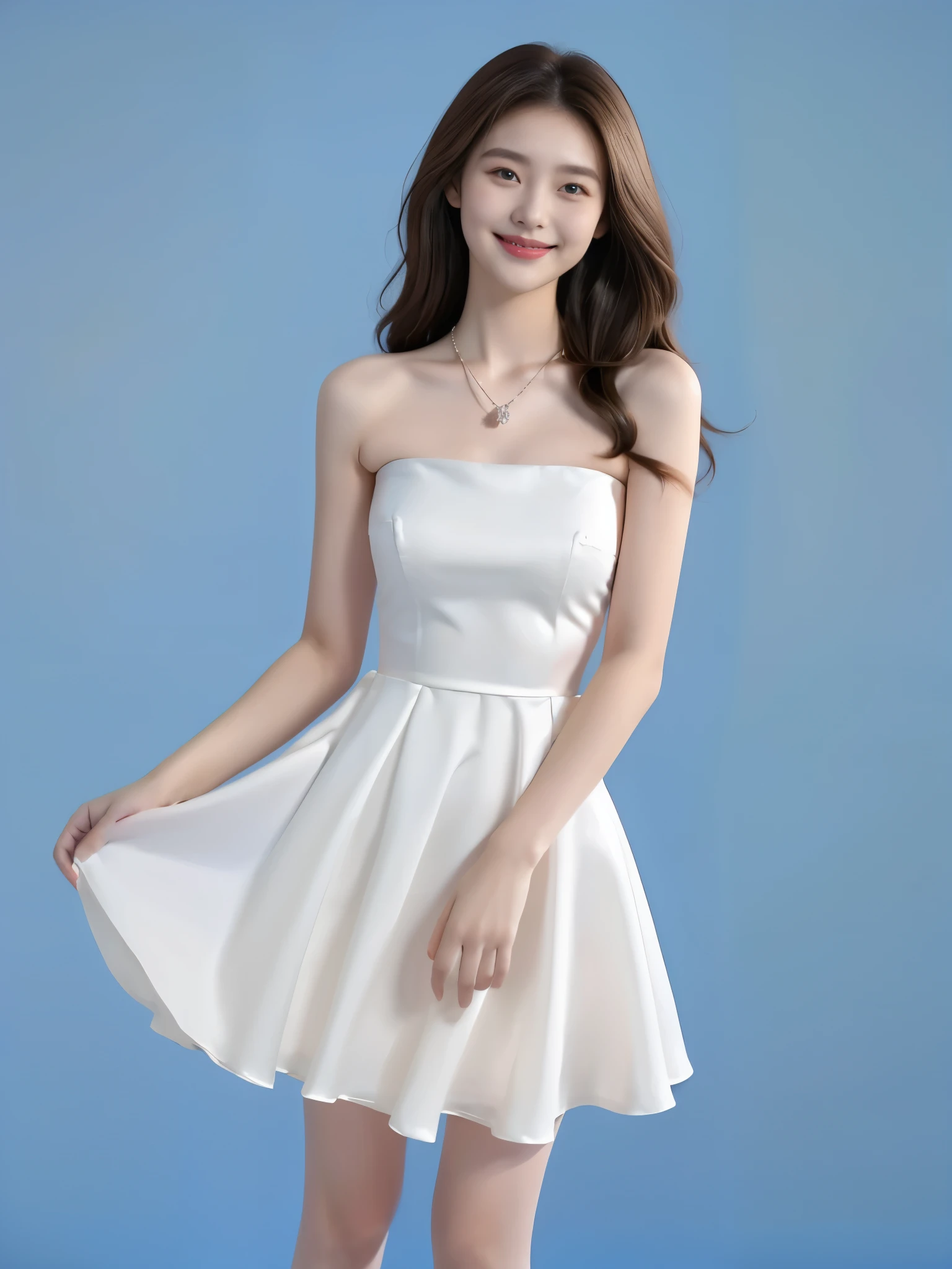 1 girl, single, dress, smile, brown hair, white dress, long hair, blue background, bare shoulders, strapless, simple background, skirt hem, closed, chest, realistic, choke, strapless dress, perspective, necklace,