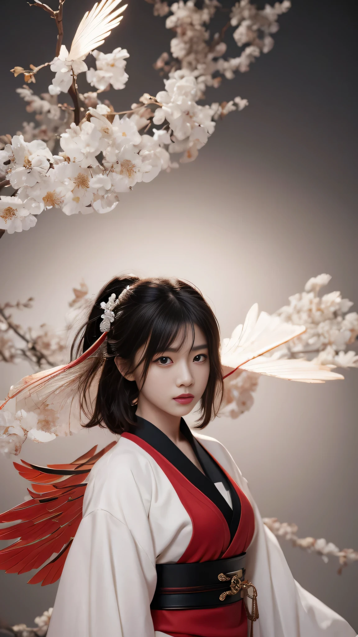 masterpiece, best quality, super detailed, CG illustration, High resolution, better lighting, best shadow, extremely delicate and beautiful, Proper shading, HD, 8K, Ray tracing, super detailed and clear backgrounds, perfect lighting, anime style, Inspired by《Magician》game: ruby house (tengu, Winged Mountain God, provocation, red and white), strength, samurai punk, alone, 1 female, black hair, Red eyes, aldult, Belt tassels,