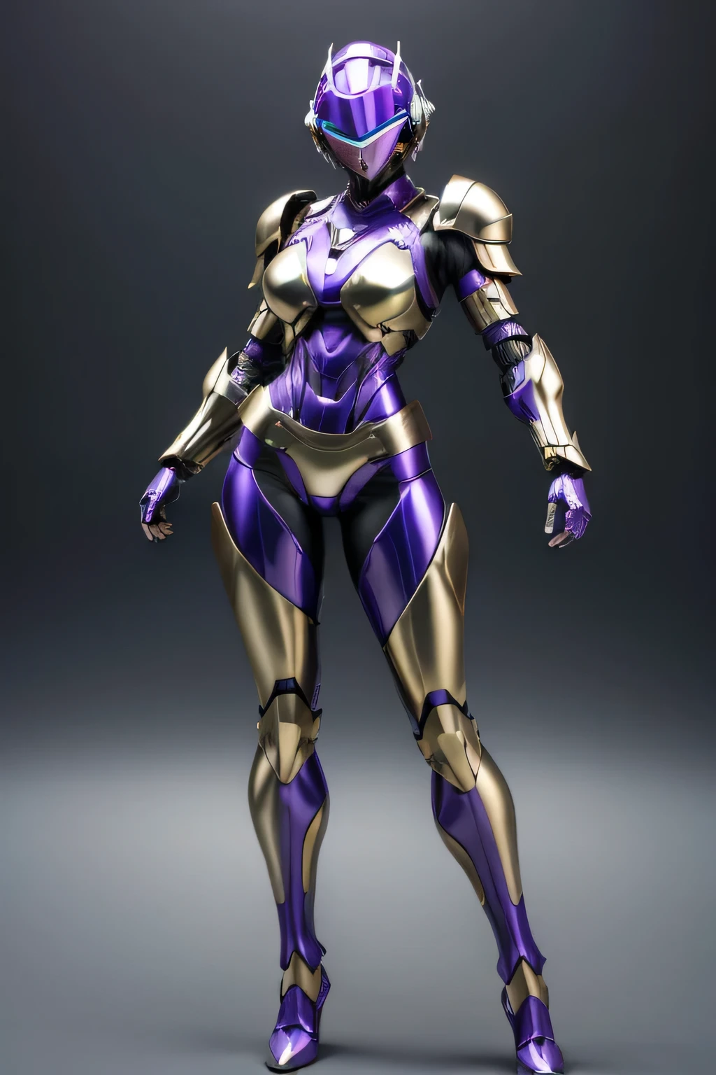 female robocop solo、Armor that completely covers the whole body、very large armor、Helmet covering the head、helmet with straight, narrow goggles to hide your eyes、metallic purple armor、Armor that completely covers the chest、thin and long legs、Vibrant Posel Body View,big and full breasts:1.3, (sports body:1.5)、The lower half of the face is exposed、luscious lips、five fingers、Photos in the city