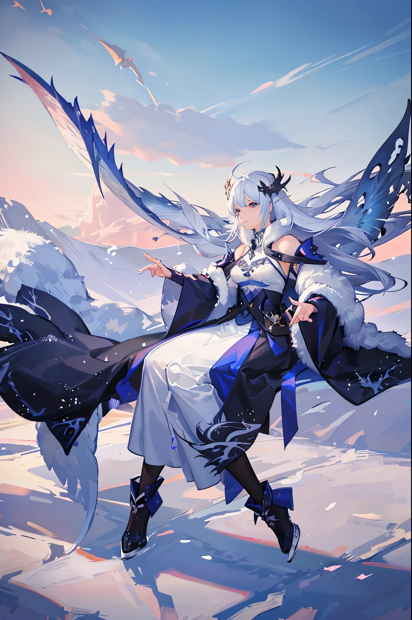 Among the calm winter landscape, majestic flying dragon takes off. His icy breath leaves a trail of frost in the fresh air., as he soars over a vast snow-covered landscape. Dragon scales glisten in the sun, reflecting the winter light in mesmerizing patterns. His wings beat rhythmically in the cold air., Software creation, muffled sounds, echoing across the frozen landscape. Despite the harsh winter conditions, The bright colors and fierce beauty of the dragon evoke a feeling of warmth and wonder in the hearts of those, who witnesses his majestic flight..