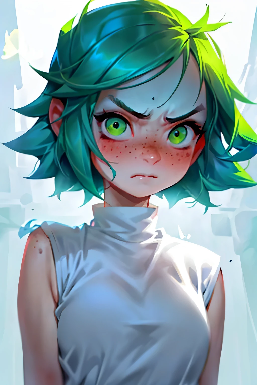 (highest quality)(Cool colors)(Large light ratio 1：32)(medium shot)(Pure white environment)；one showing teeth，Angry girl with short hair and frowning(asian face，Face full of freckles)Looking up and shouting in the white room。；Fluorescent green hair(Light and fluttering)，Strong light hits the face from the side。