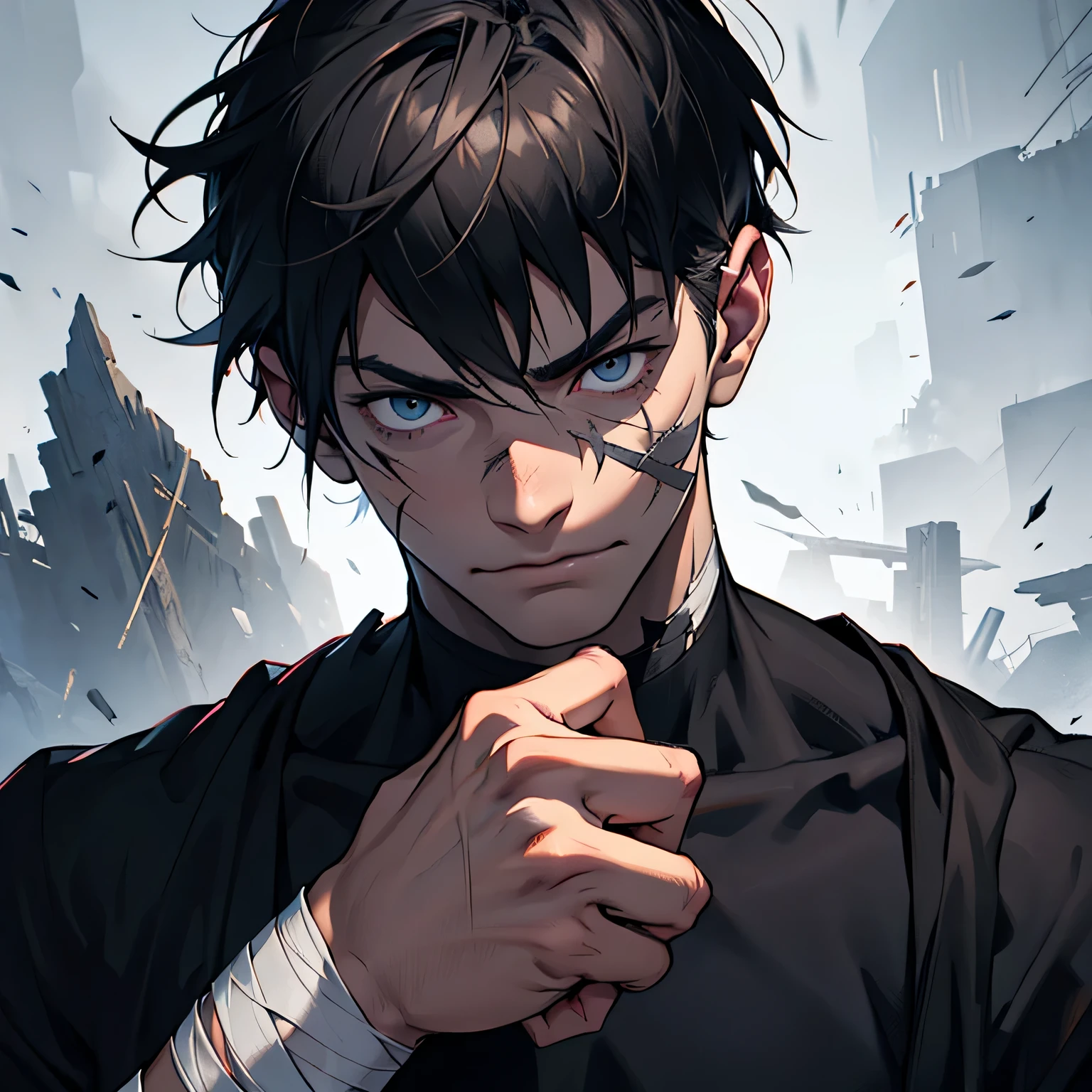 Desenhe o rosto de um jovem cheio de cicatrizes e hematomas usando bandagens, ferido, he wears dark clothes and has his fist raised towards his face, dramatic colors